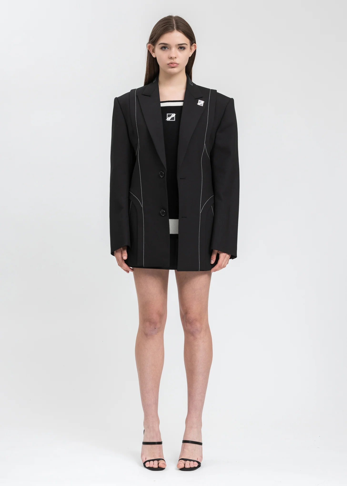 Black Contrast Top Stitch Tailored Blazer - Image 4