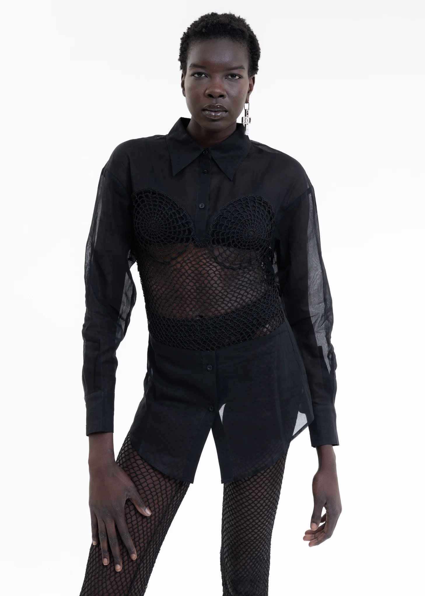 Black Crocheted Hollow Shirt