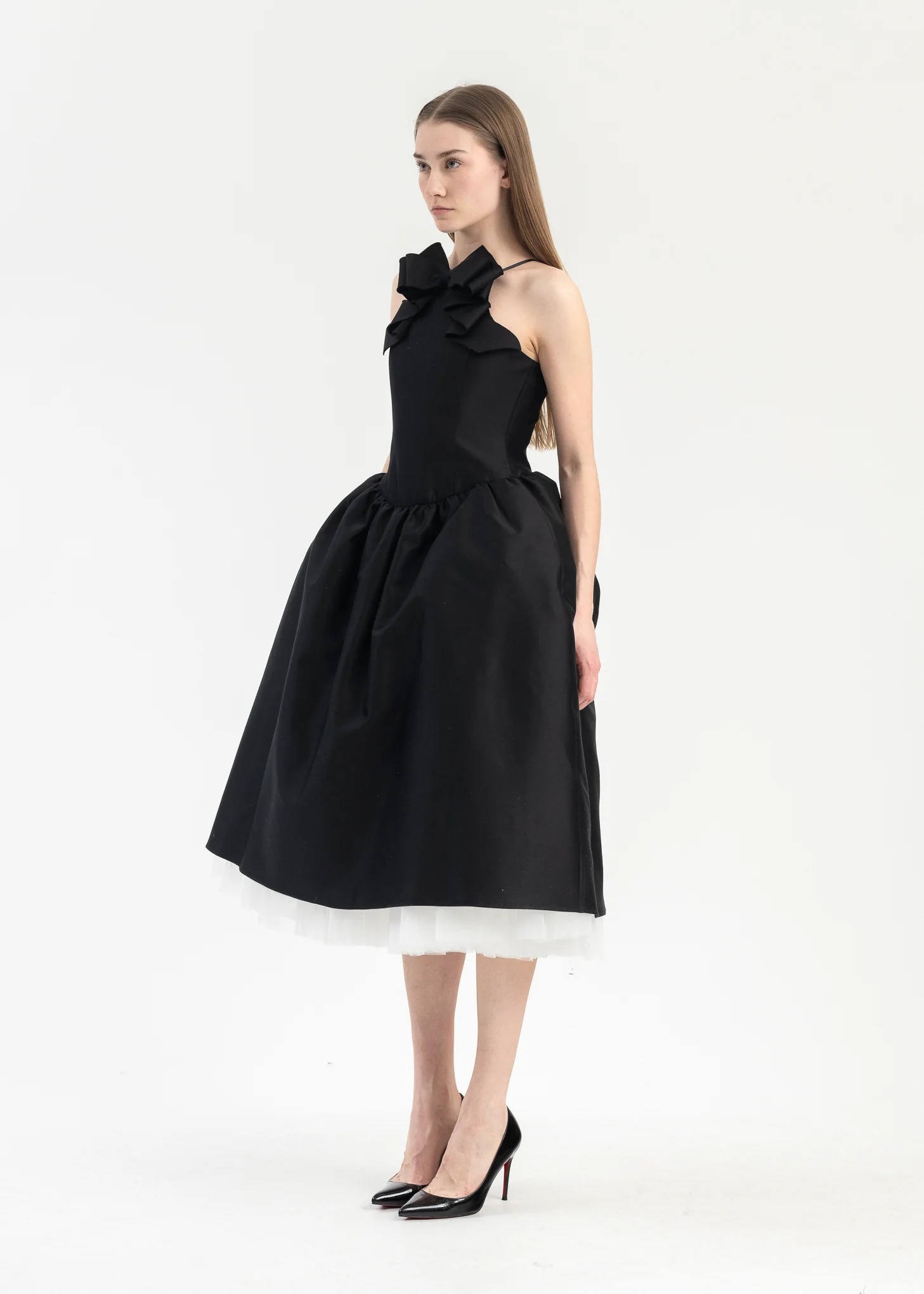 Black Cross Bow Hanging Neck Puffy Dress - Image 3