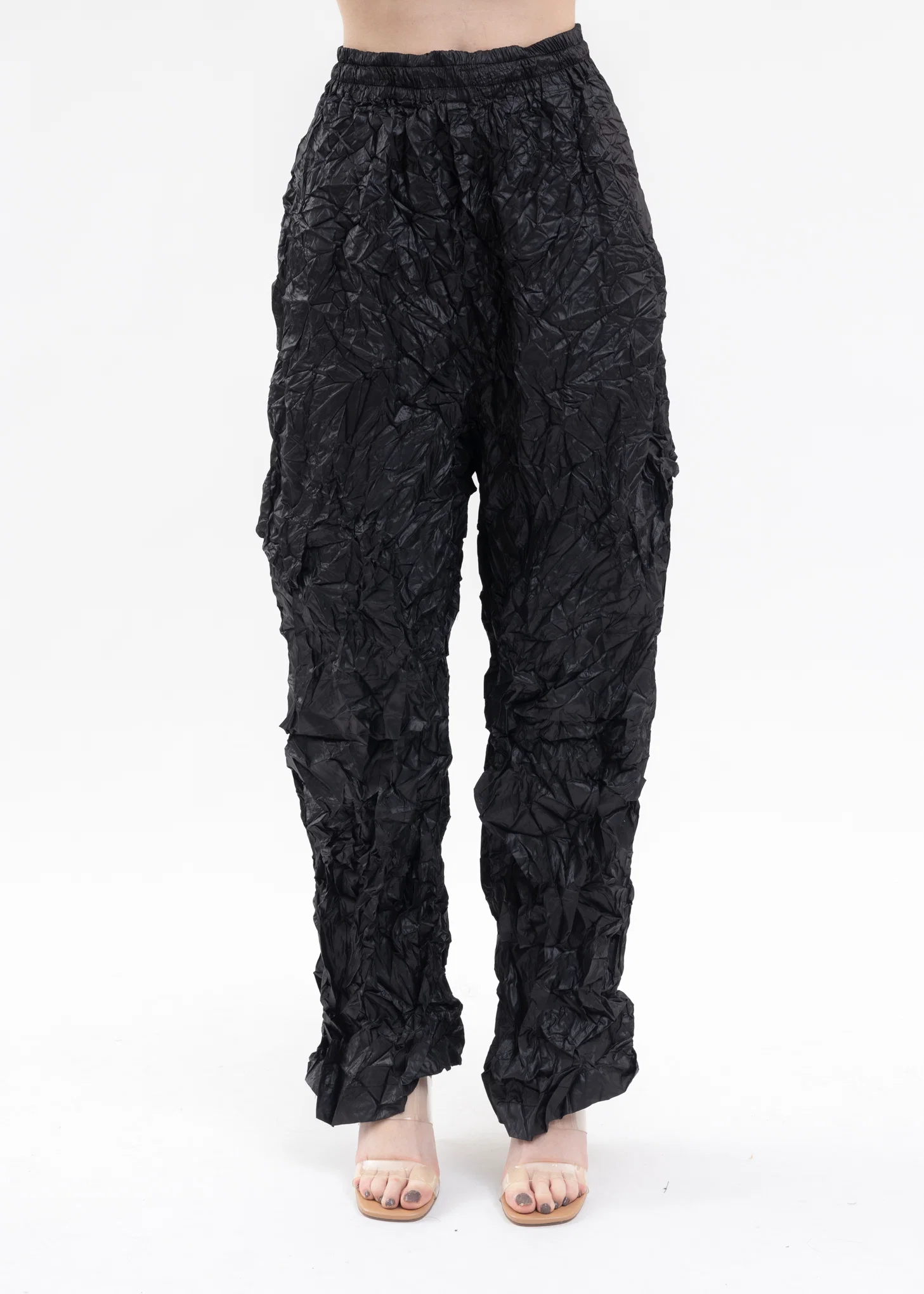 BLACK CRUMPLED OVERSIZED TRACK PANTS