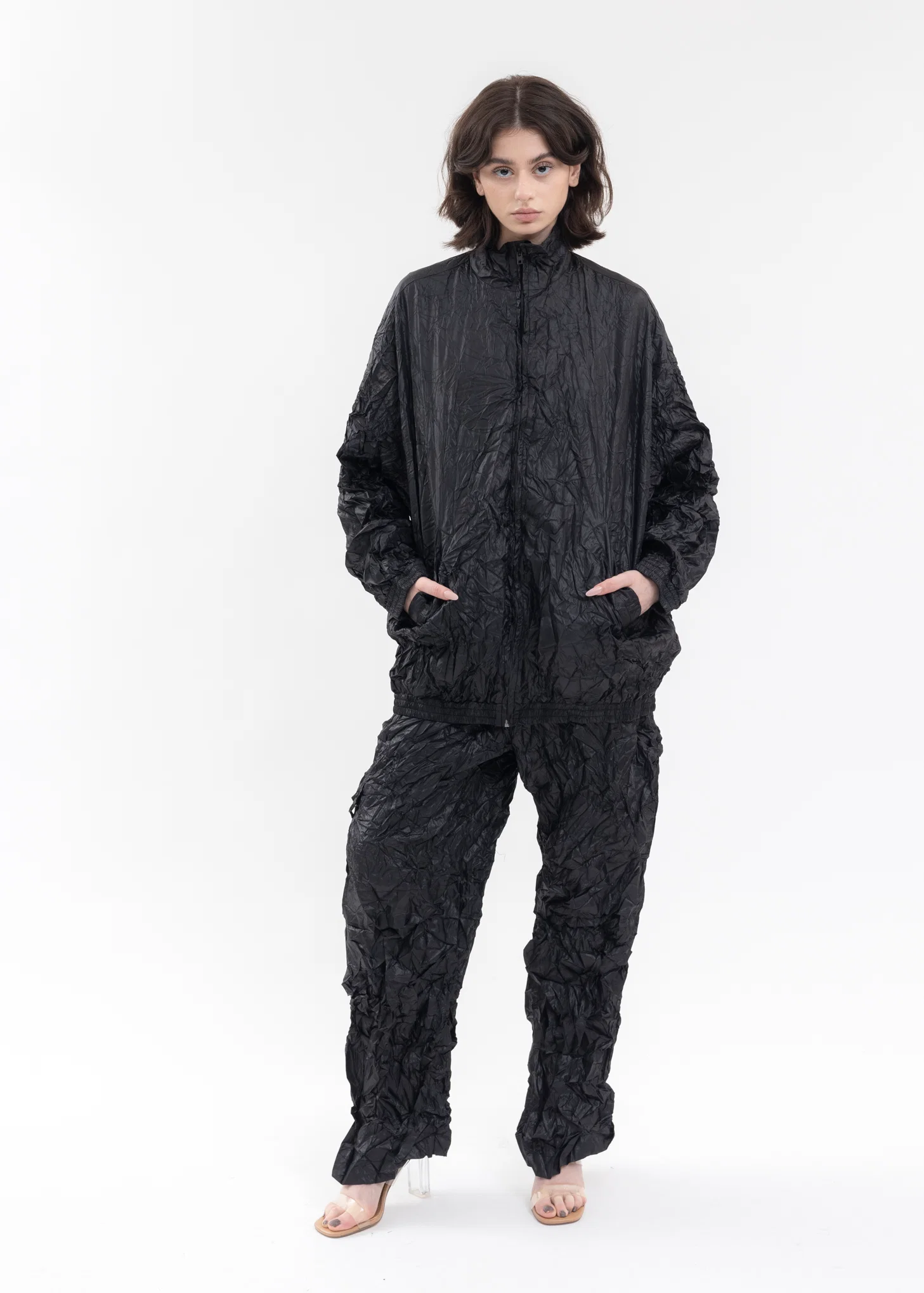 BLACK CRUMPLED OVERSIZED TRACK PANTS - Image 6