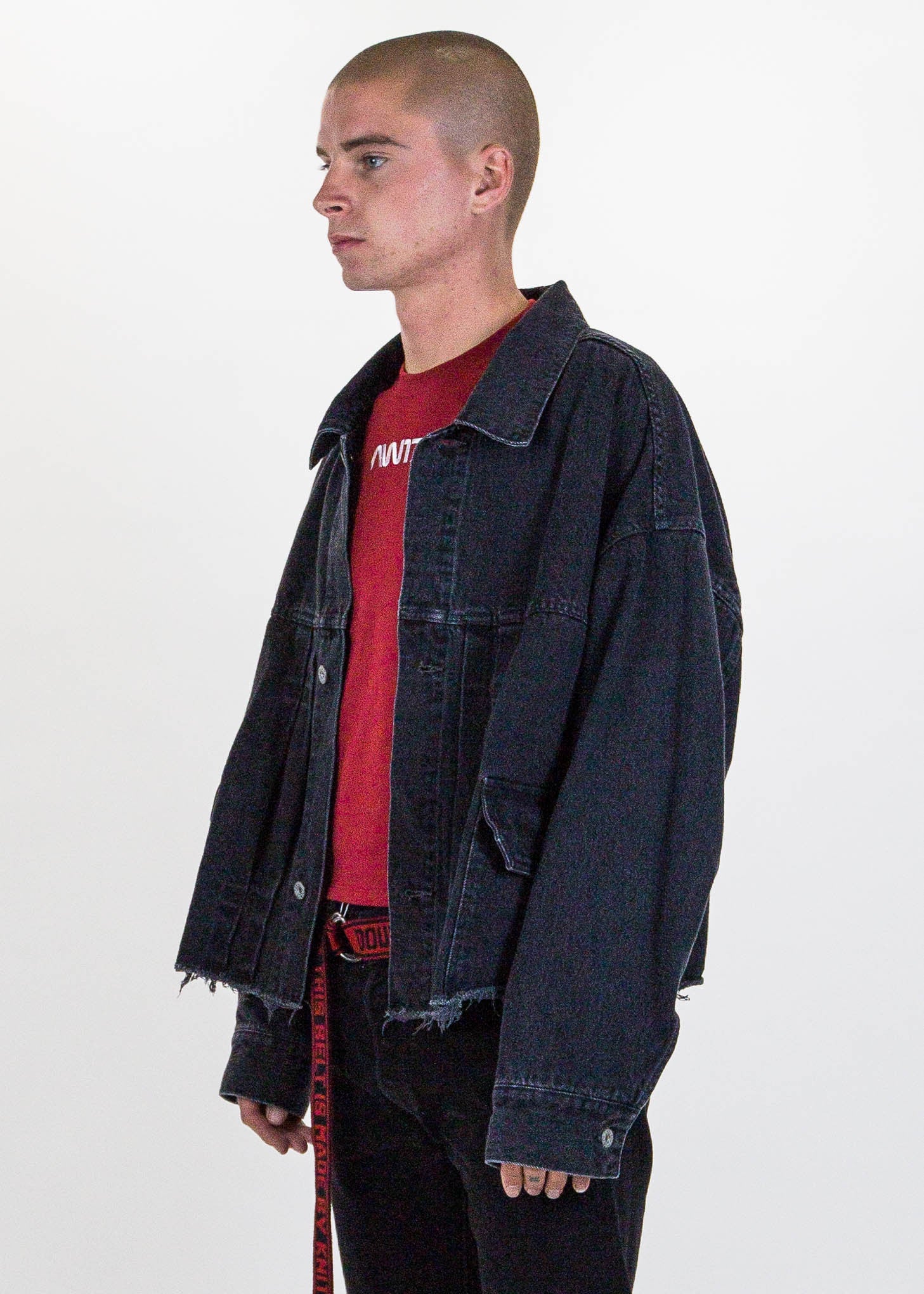 Black Cut Off Oversized Silk Denim Jacket - Image 3