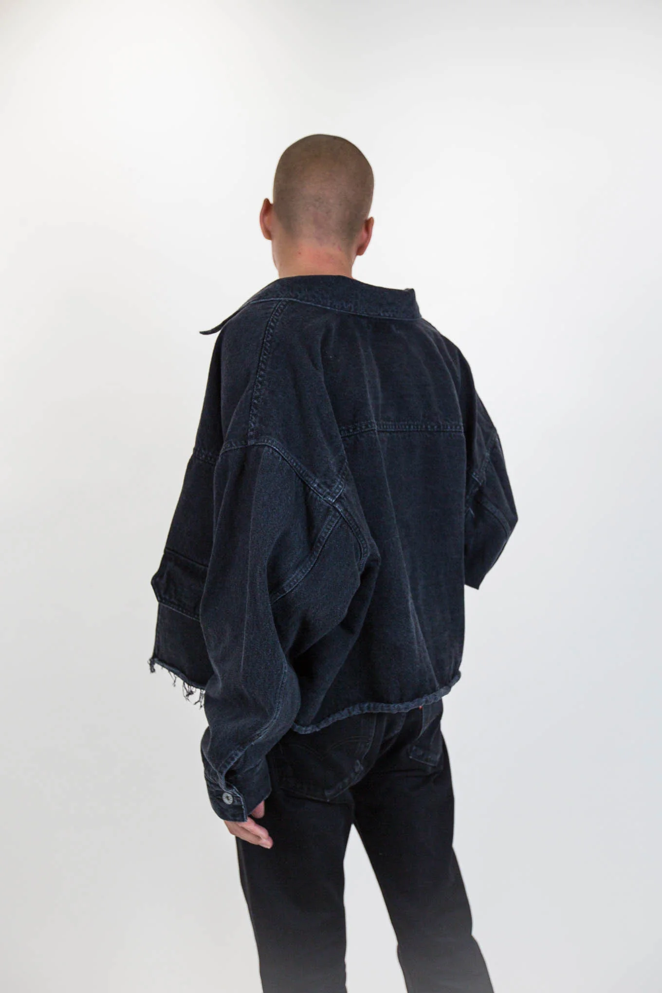 Black Cut Off Oversized Silk Denim Jacket - Image 6