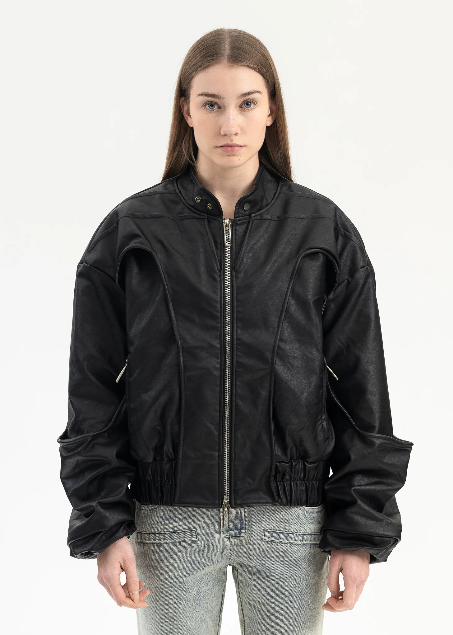 BLACK CUT OUT FAUX LEATHER JACKET