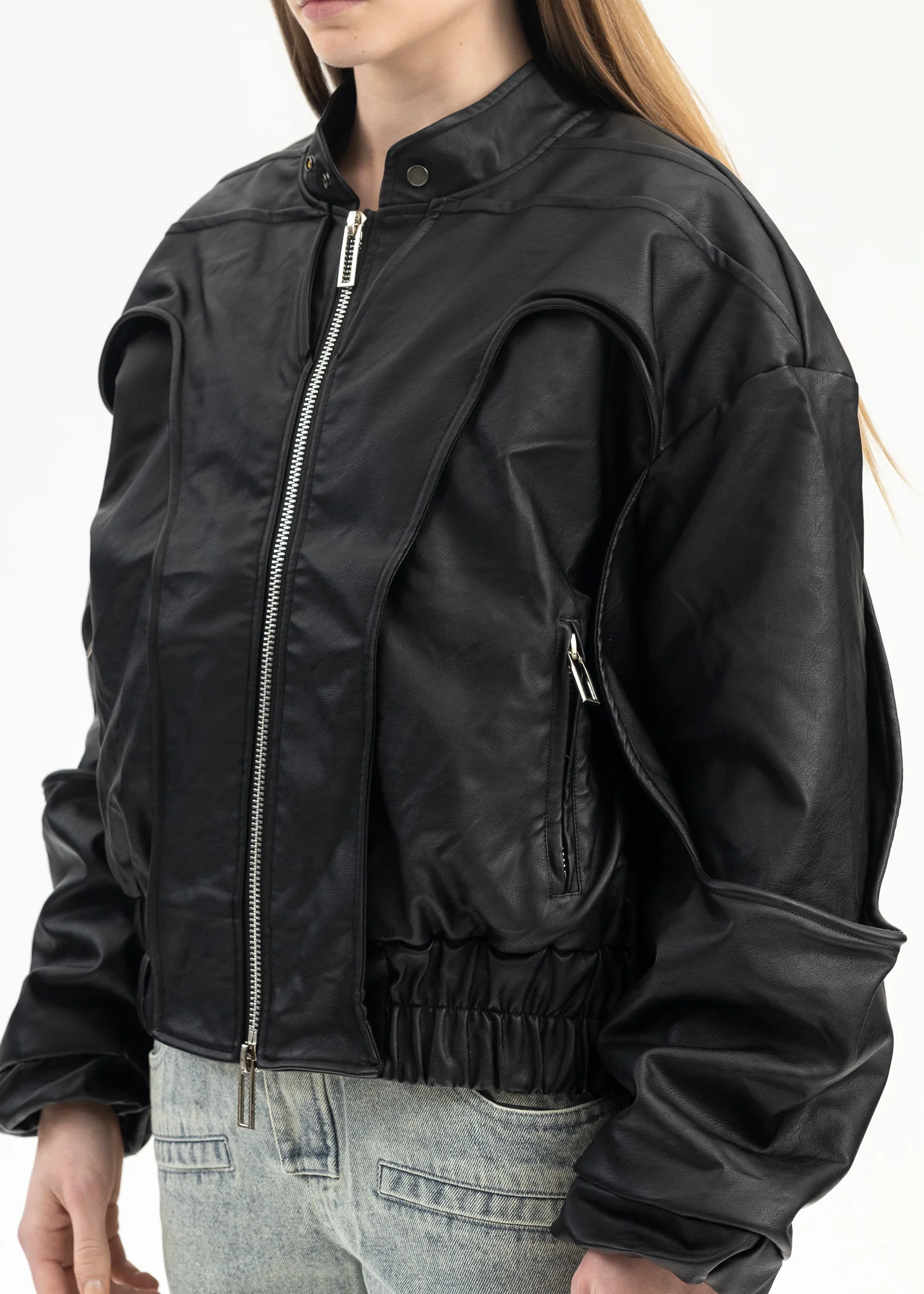 BLACK CUT OUT FAUX LEATHER JACKET - Image 2