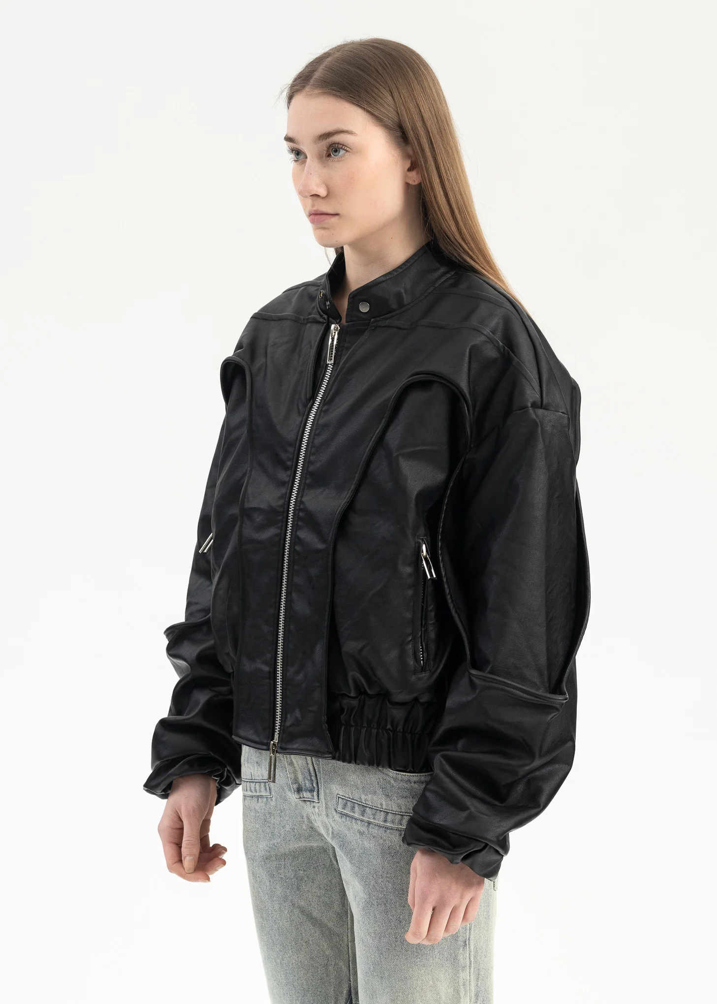 BLACK CUT OUT FAUX LEATHER JACKET - Image 3