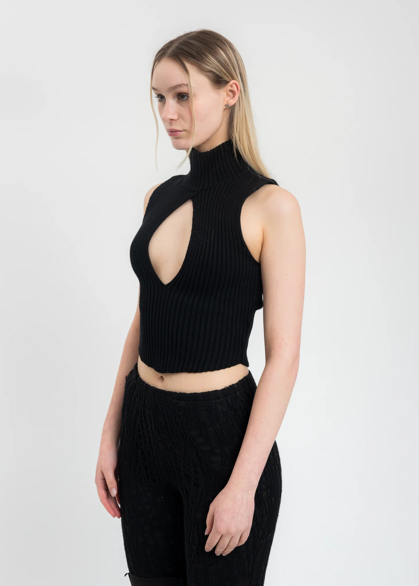 Black Cut-Out Rib Knit Turtleneck - Image 3