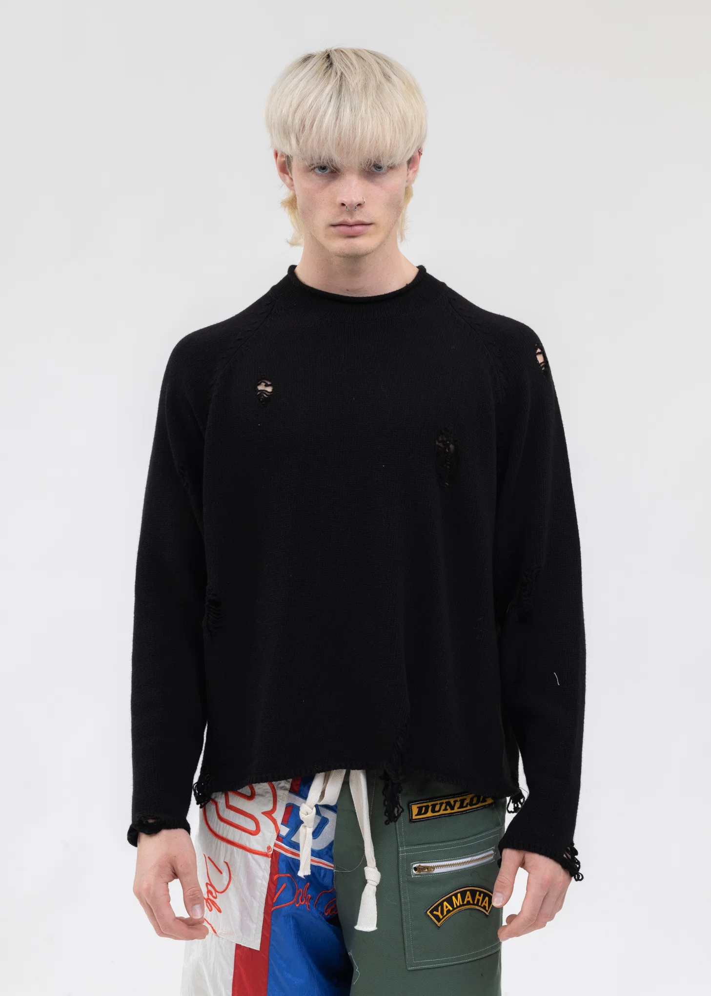 Black DAMAGE COTTON CREW NECK KNIT