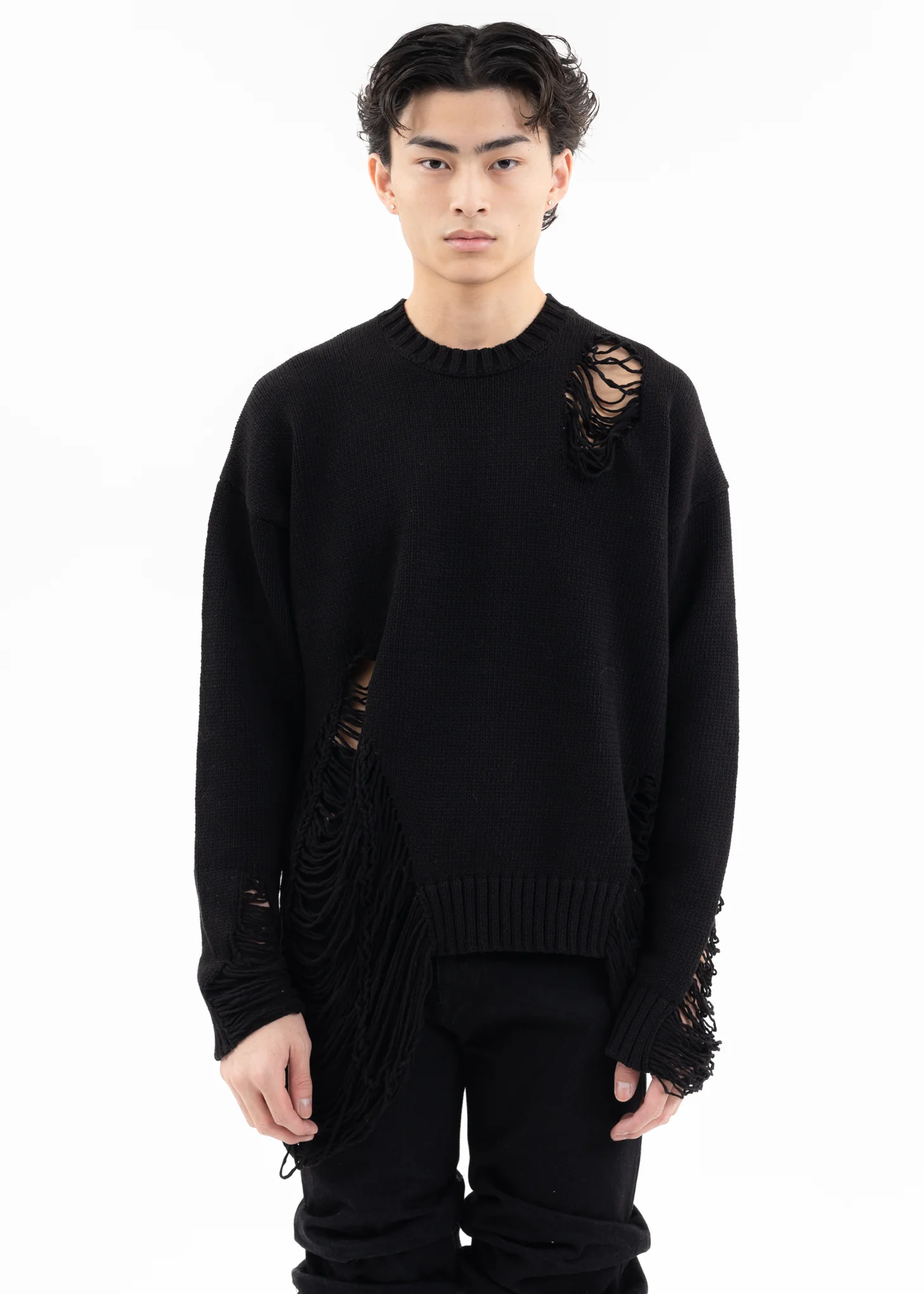 Black DAMAGE COTTON KNIT