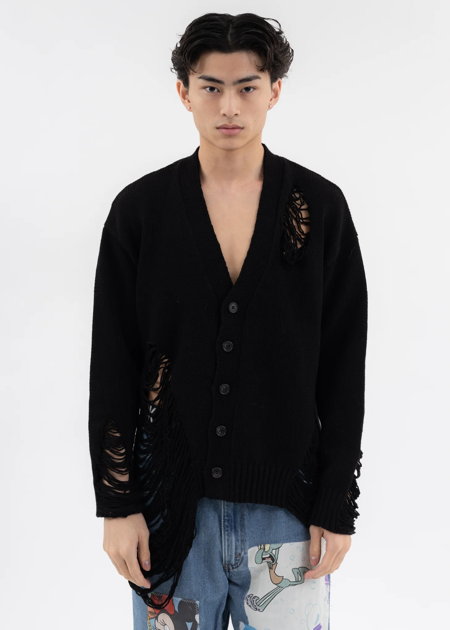 Black DAMAGE COTTON KNIT CARDIGAN