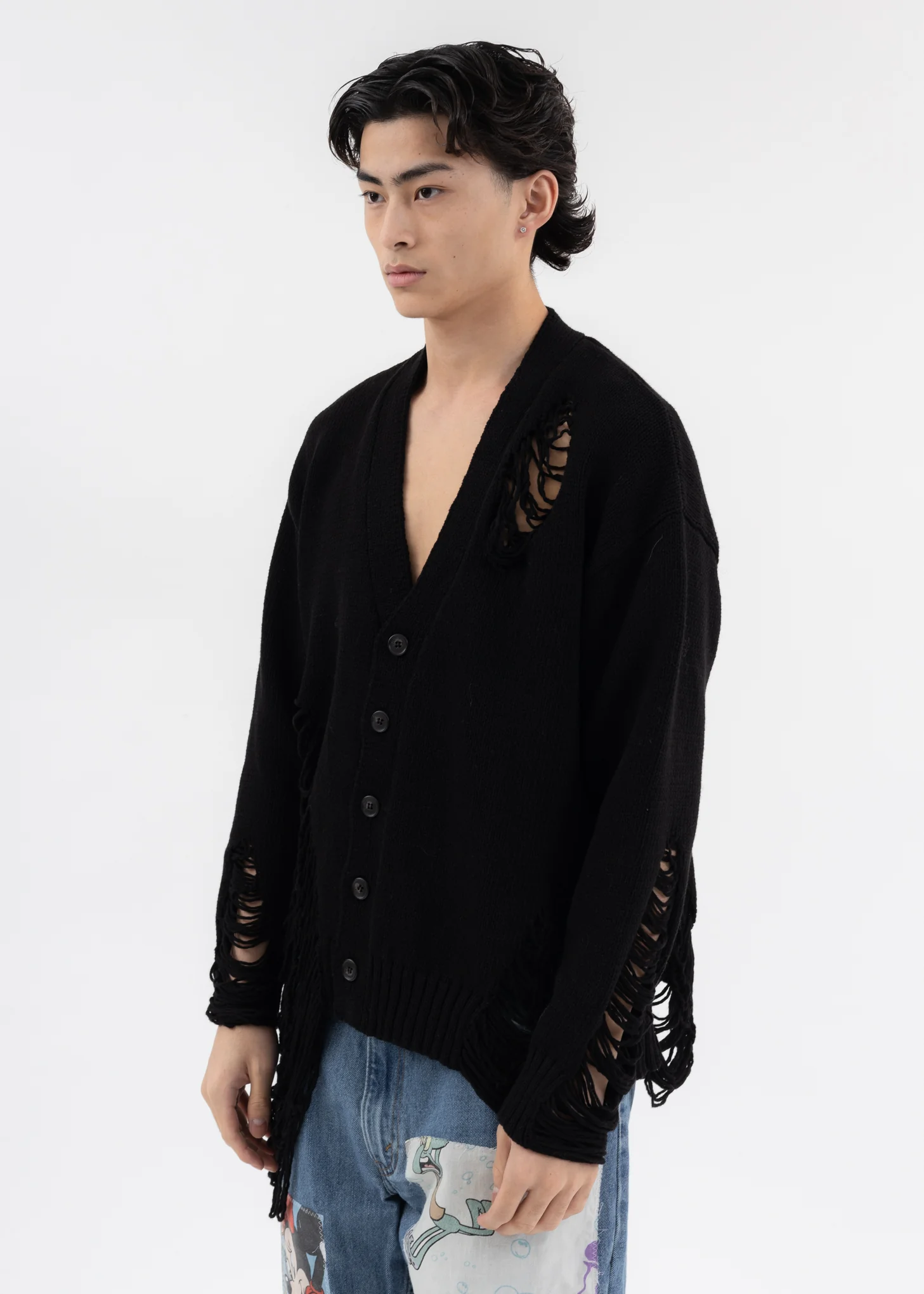 Black DAMAGE COTTON KNIT CARDIGAN - Image 3