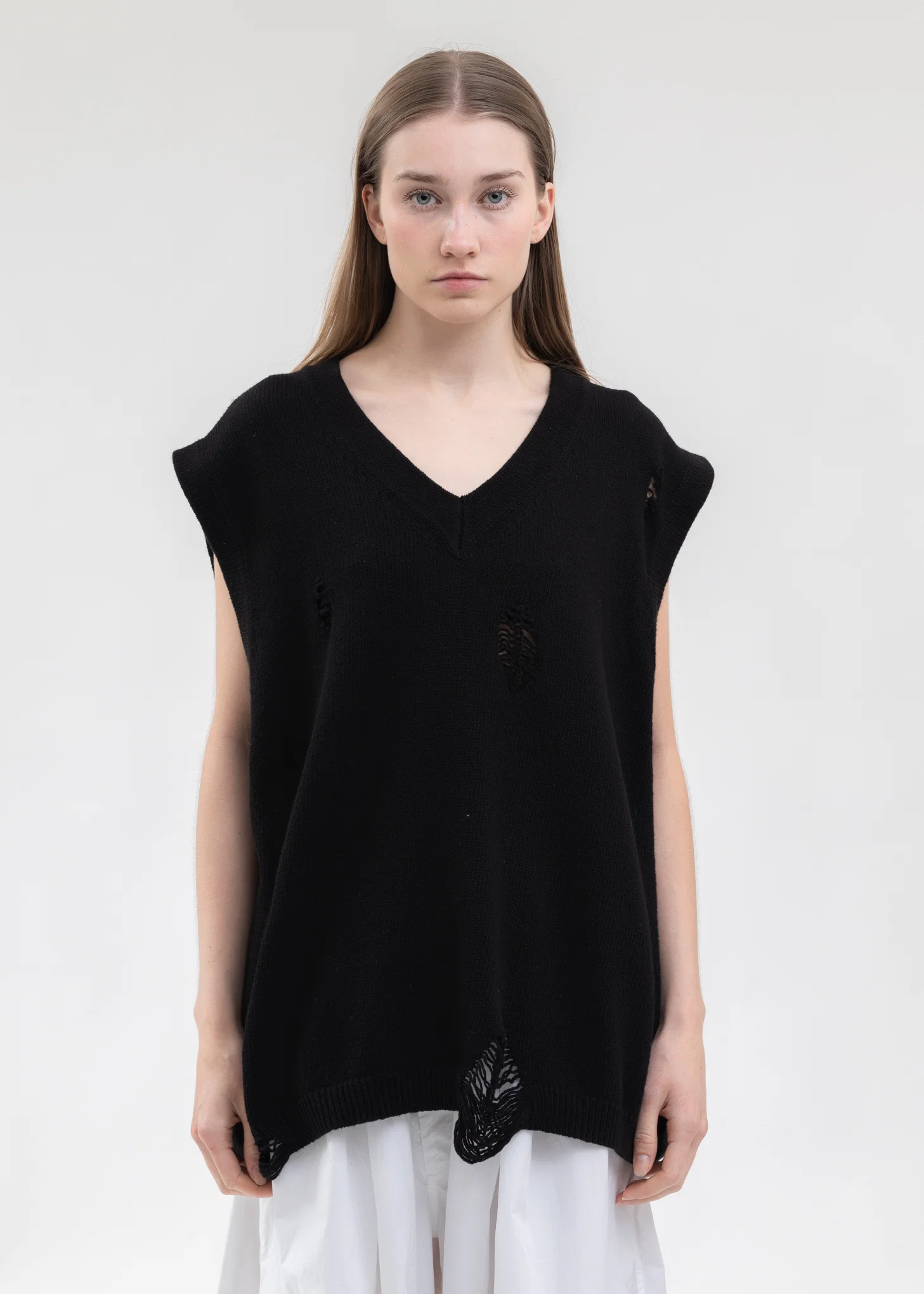 Black DAMAGE COTTON V-NECK KNIT VEST