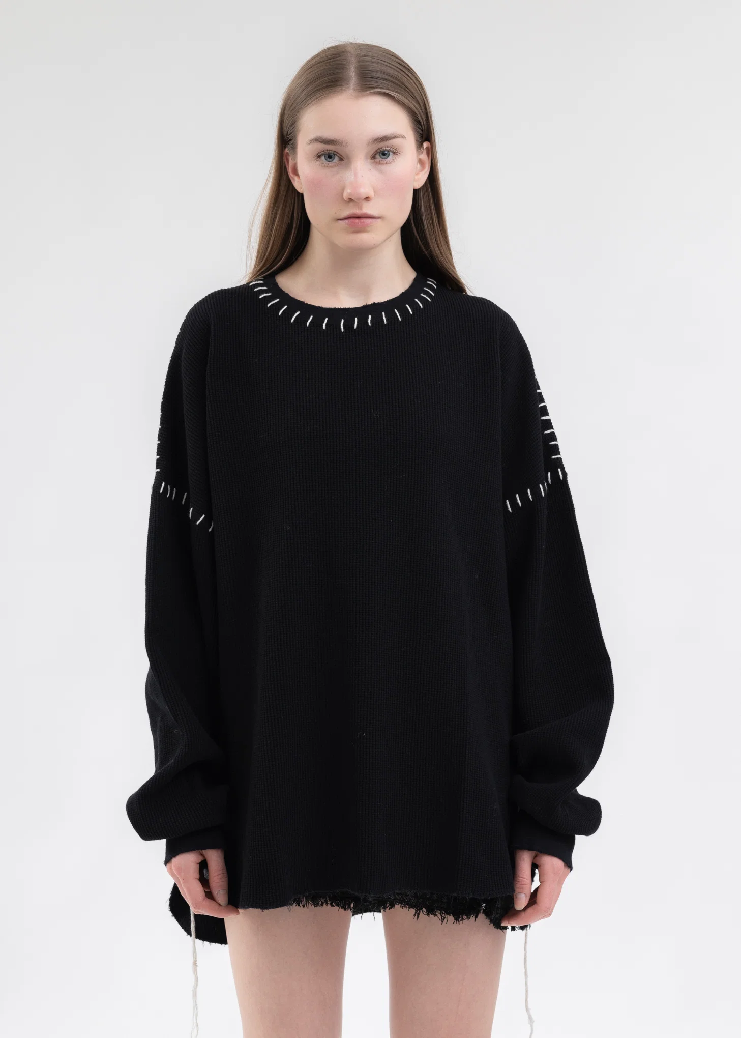 Black DAMAGE WAFFLE CUT LONG SLEEVES