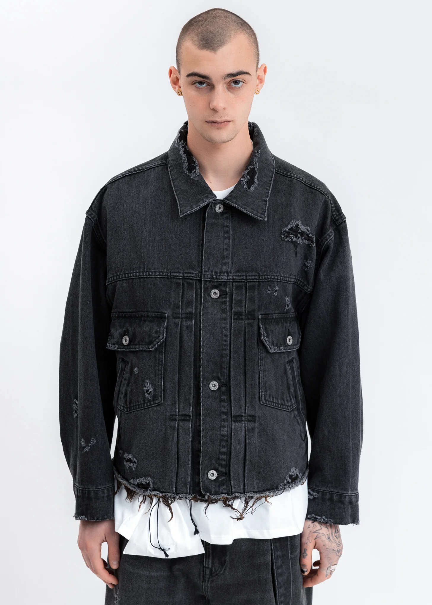 Black Damaged Silk Denim Jacket