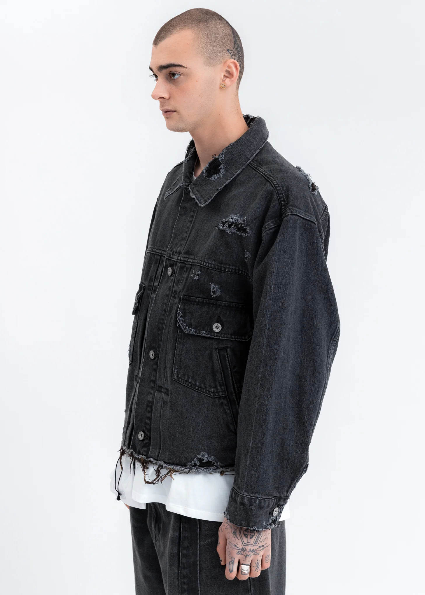 Black Damaged Silk Denim Jacket - Image 3