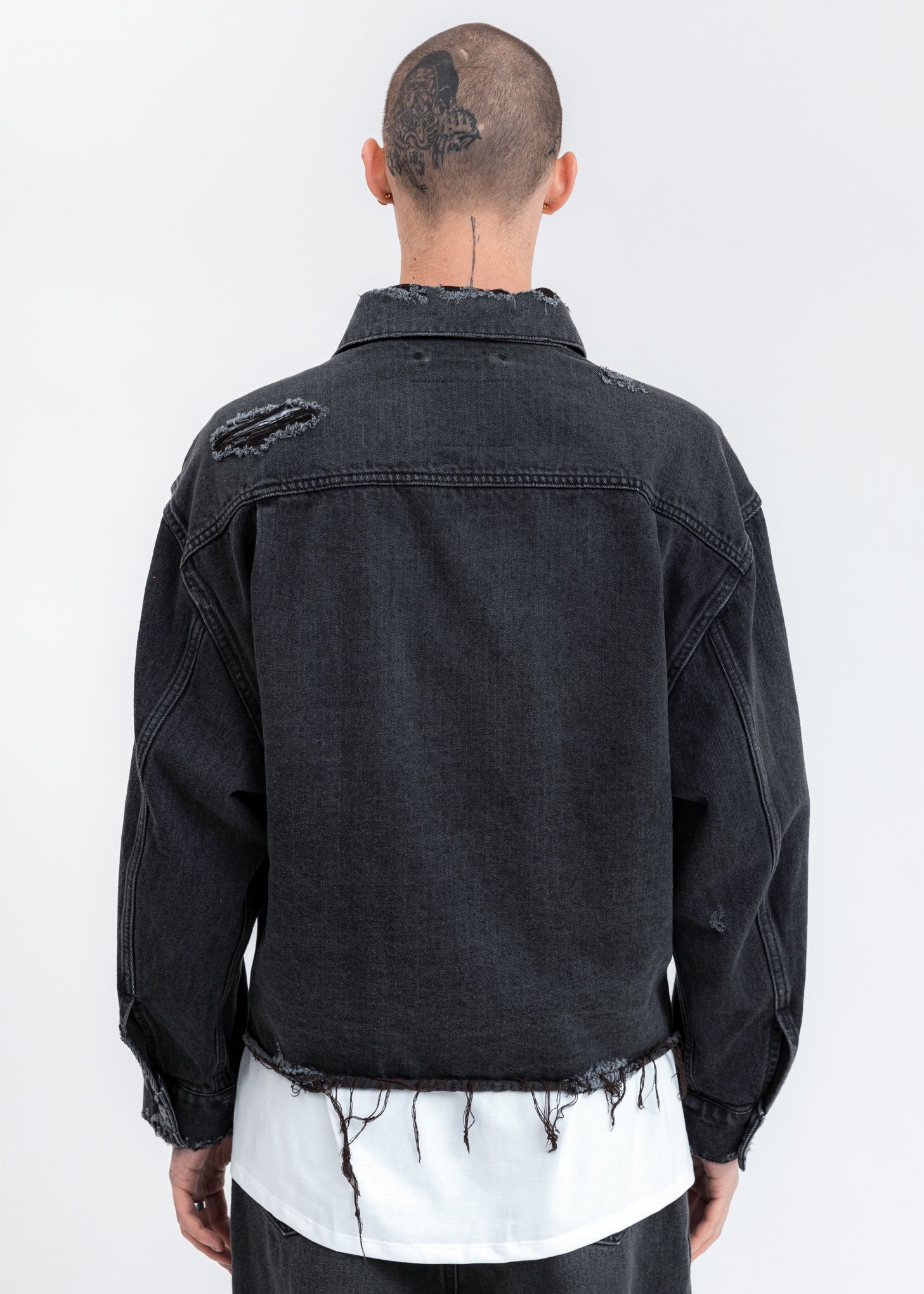 Black Damaged Silk Denim Jacket - Image 4