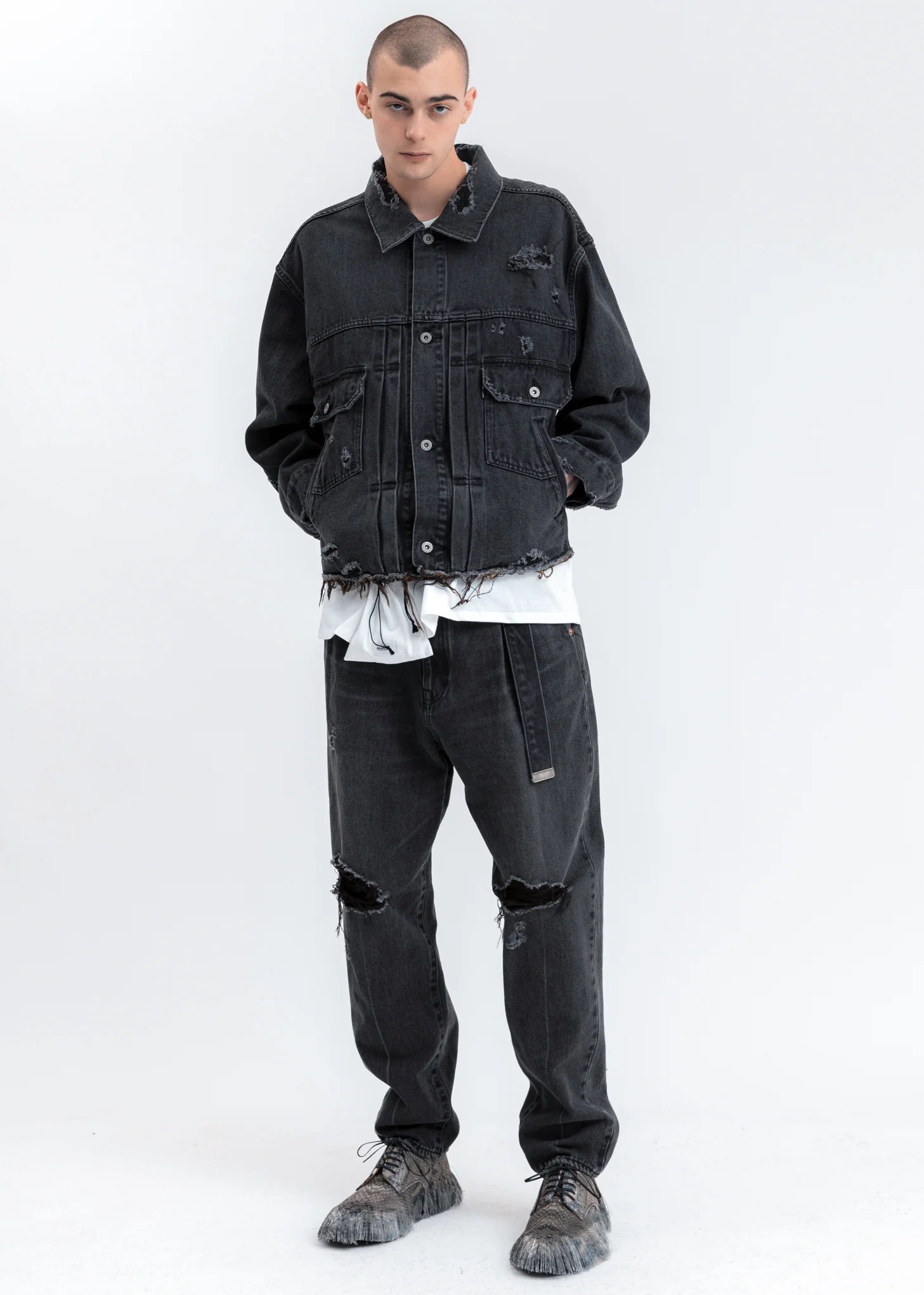Black Damaged Silk Denim Jacket - Image 6