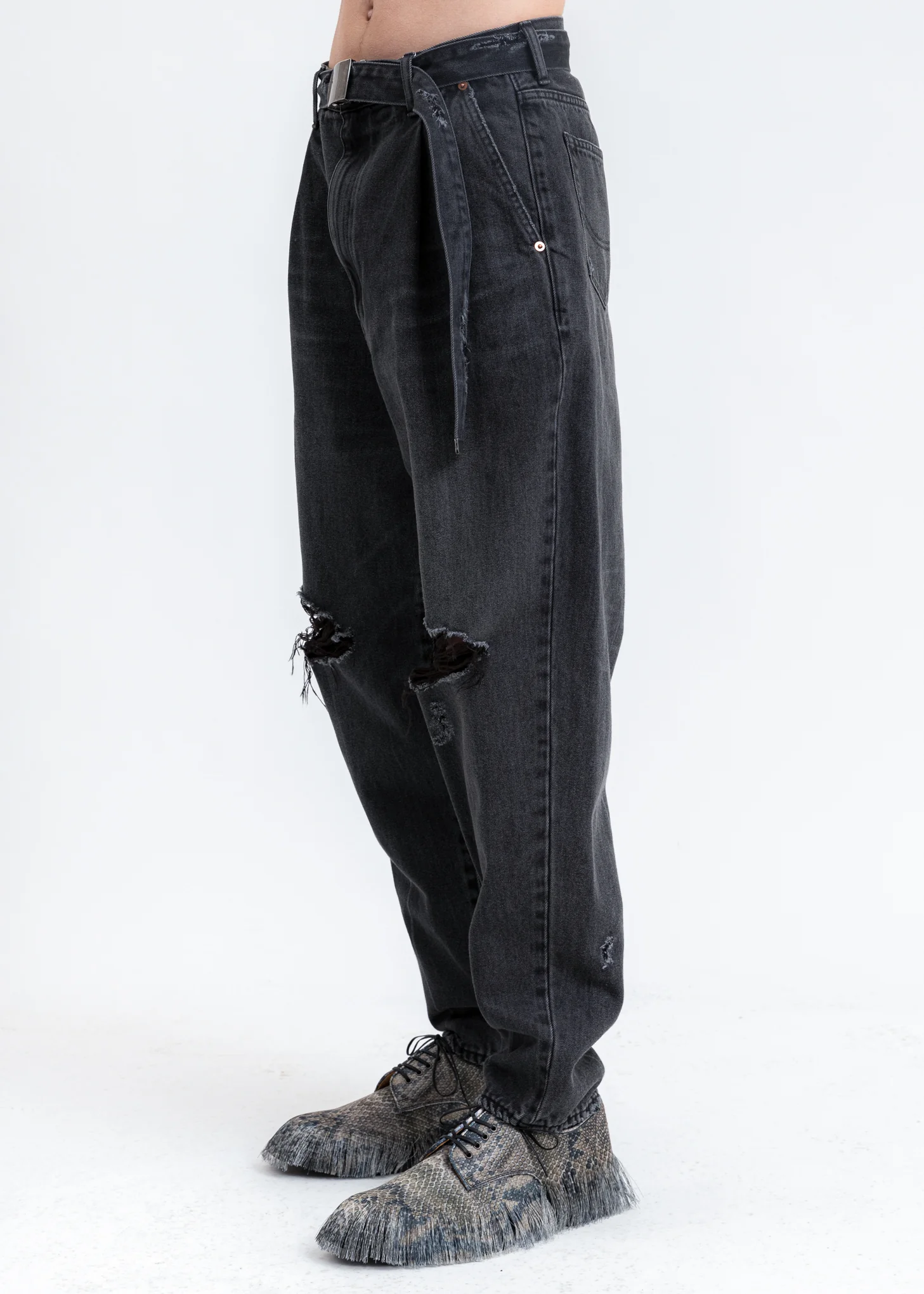 Black Damaged Silk Denim Pants - Image 2