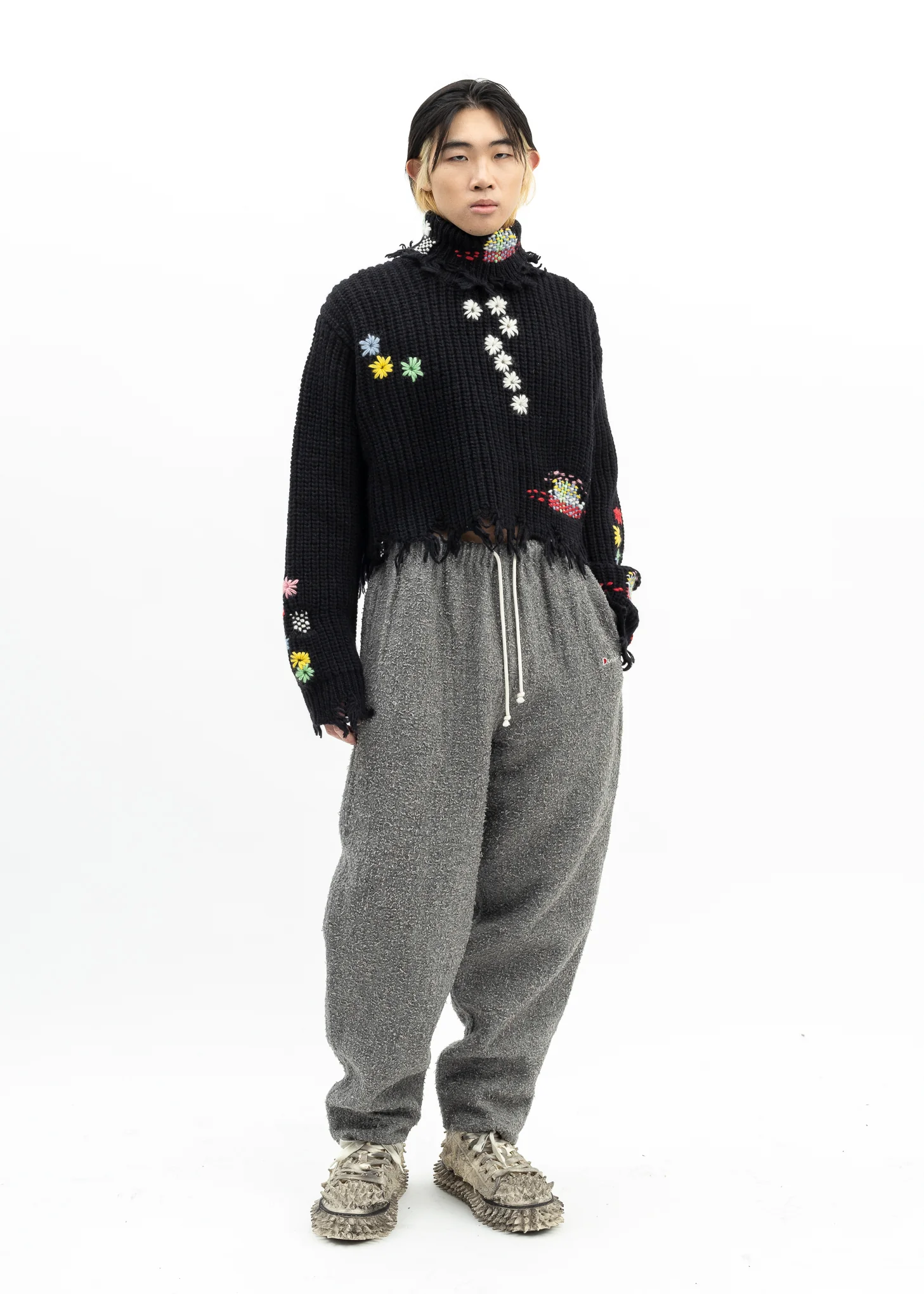 BLACK DARNING CUT OFF KNIT PULLOVER - Image 5