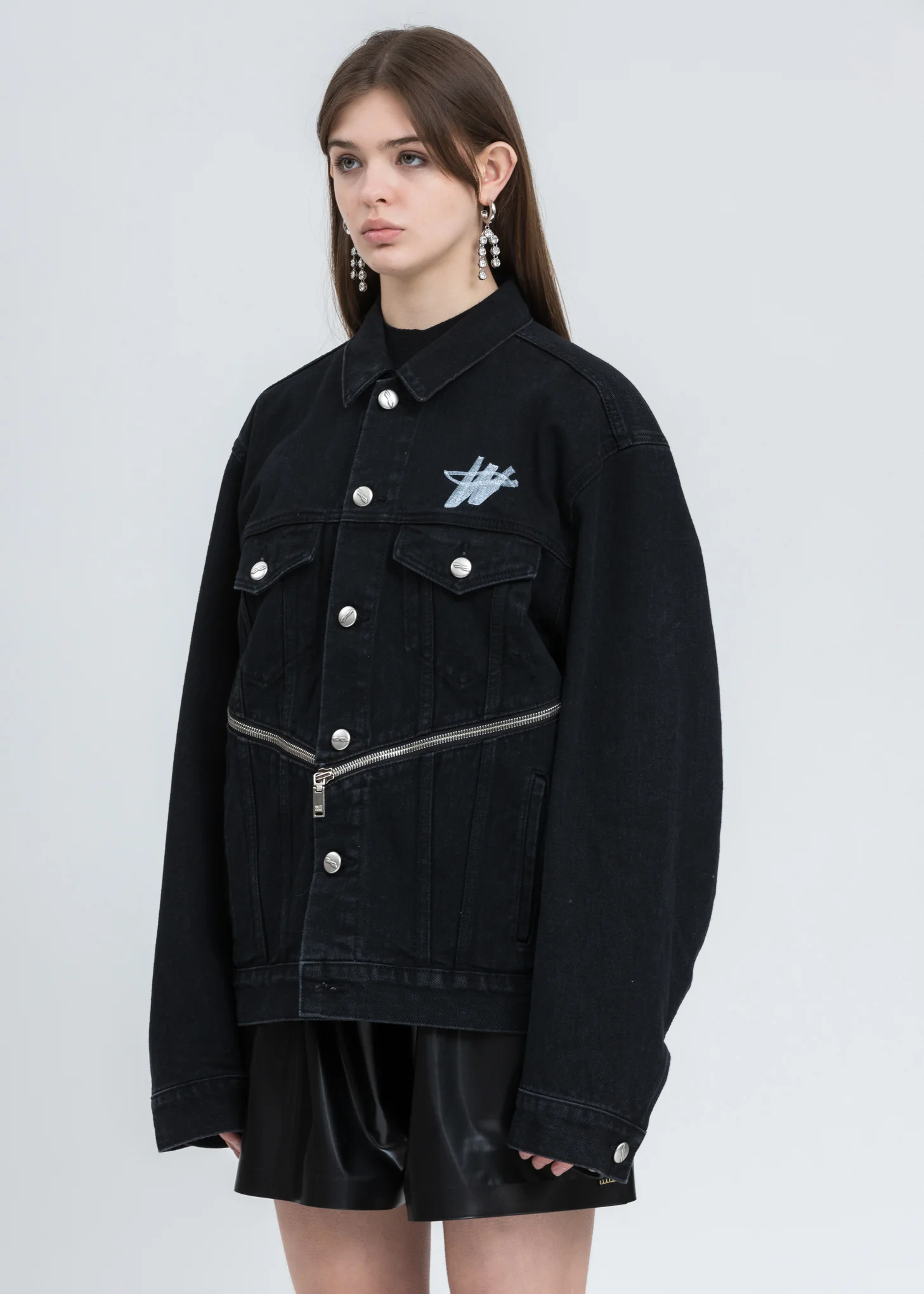 Black Denim WD Logo Zipper Detail Jacket - Image 3