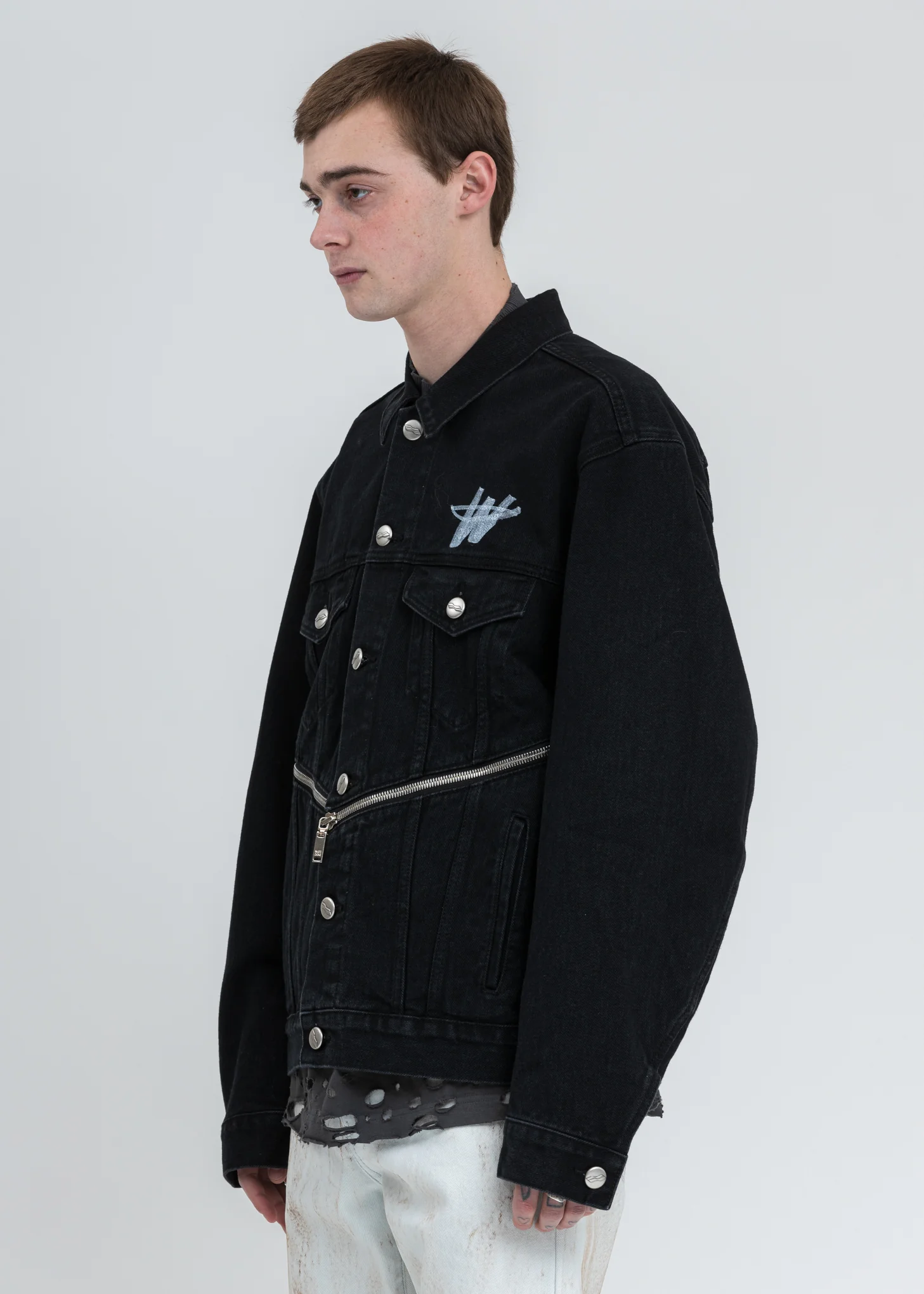 Black Denim WD Logo Zipper Detail Jacket - Image 3