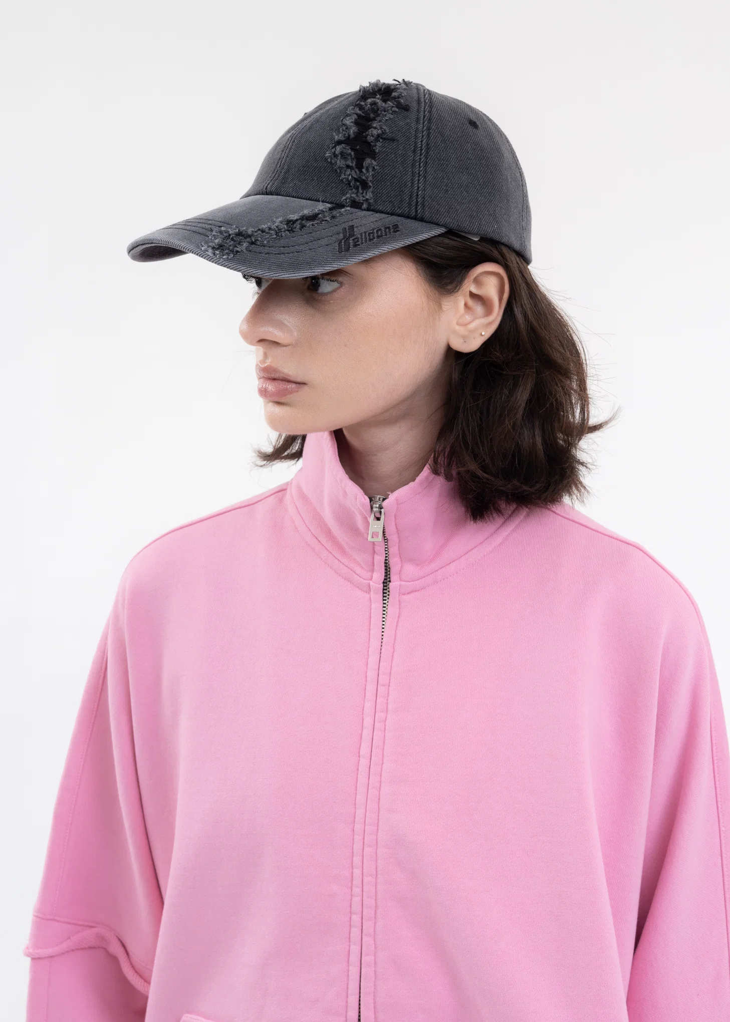 BLACK DIAGONAL DESTROYED DENIM CAP - Image 2