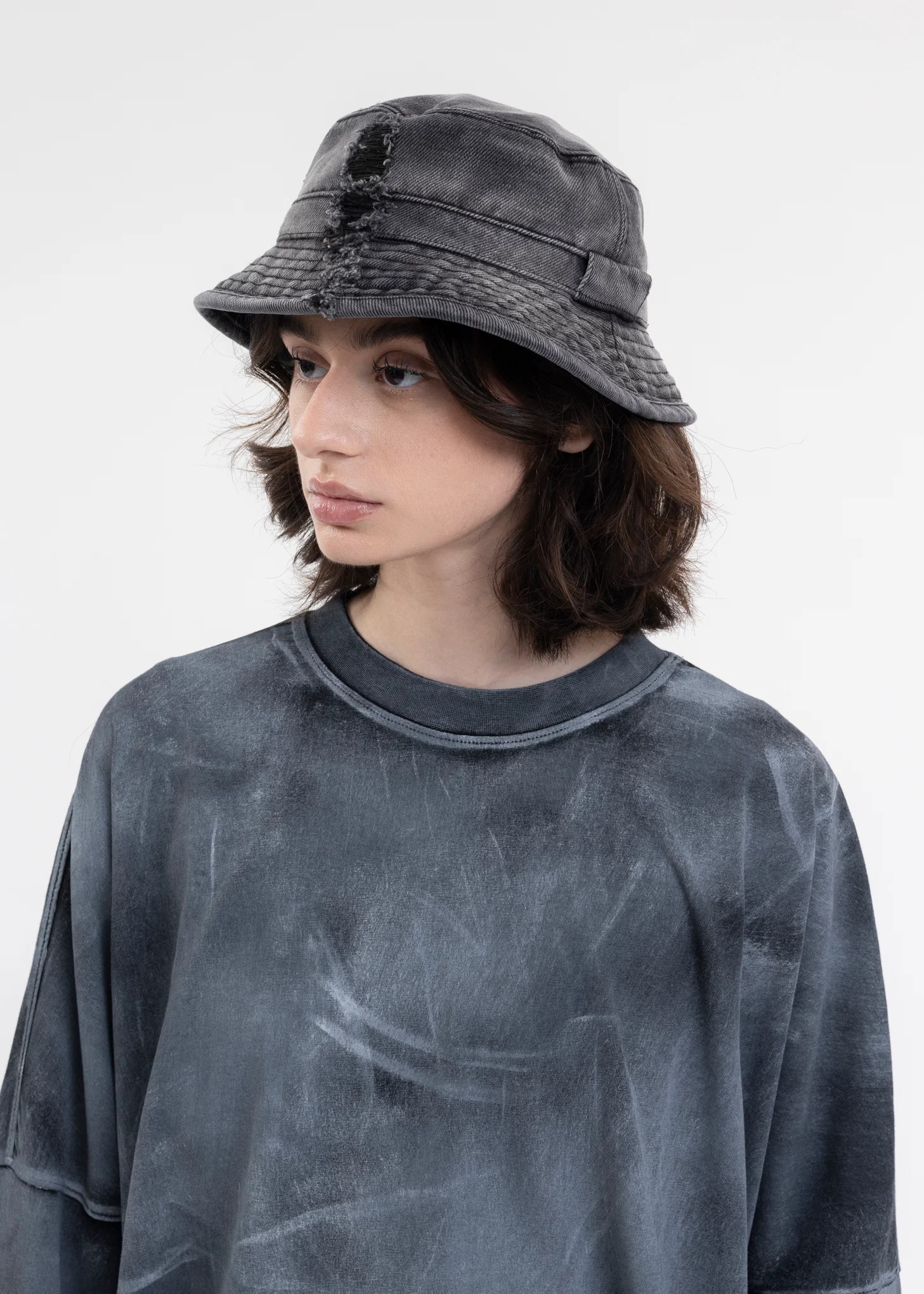 BLACK DIAGONAL DESTROYED DENIM HAT - Image 2