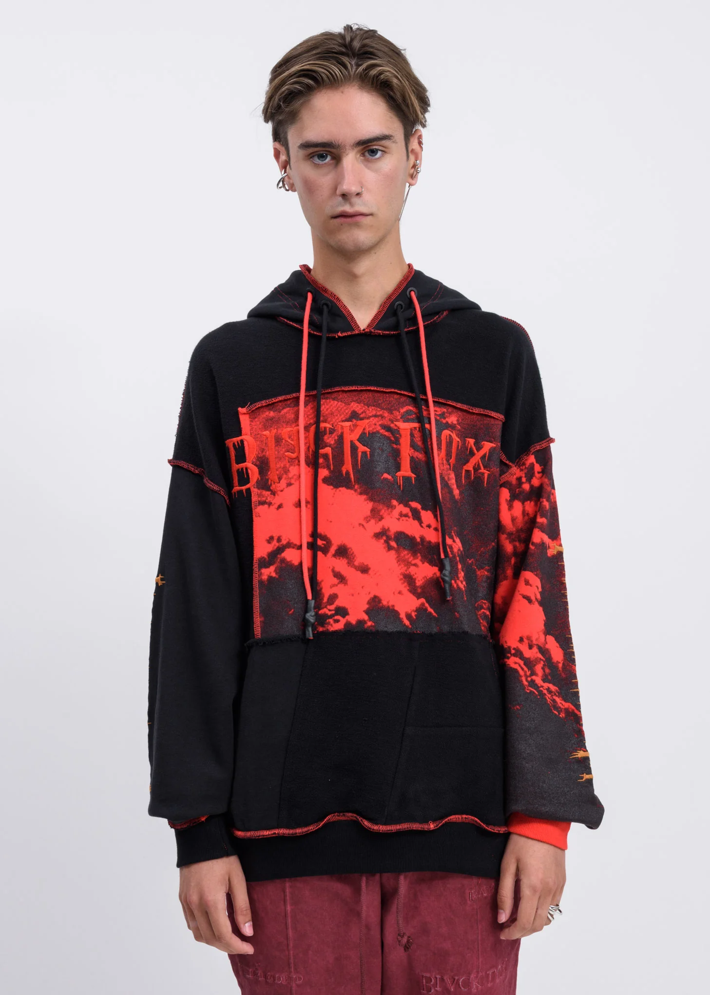 Black Red Distressed Clouds Panel Hoodie