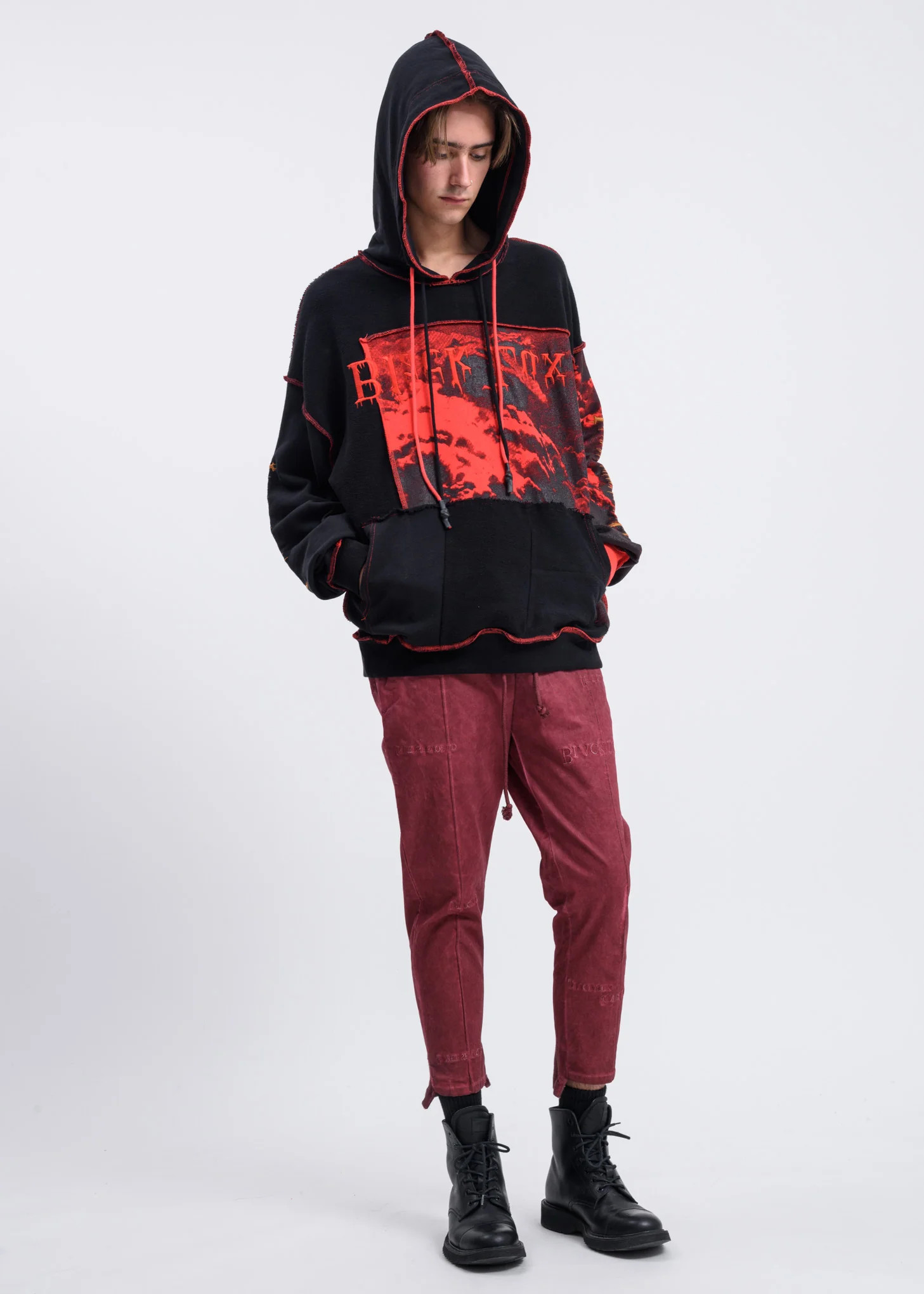 Black Red Distressed Clouds Panel Hoodie - Image 6