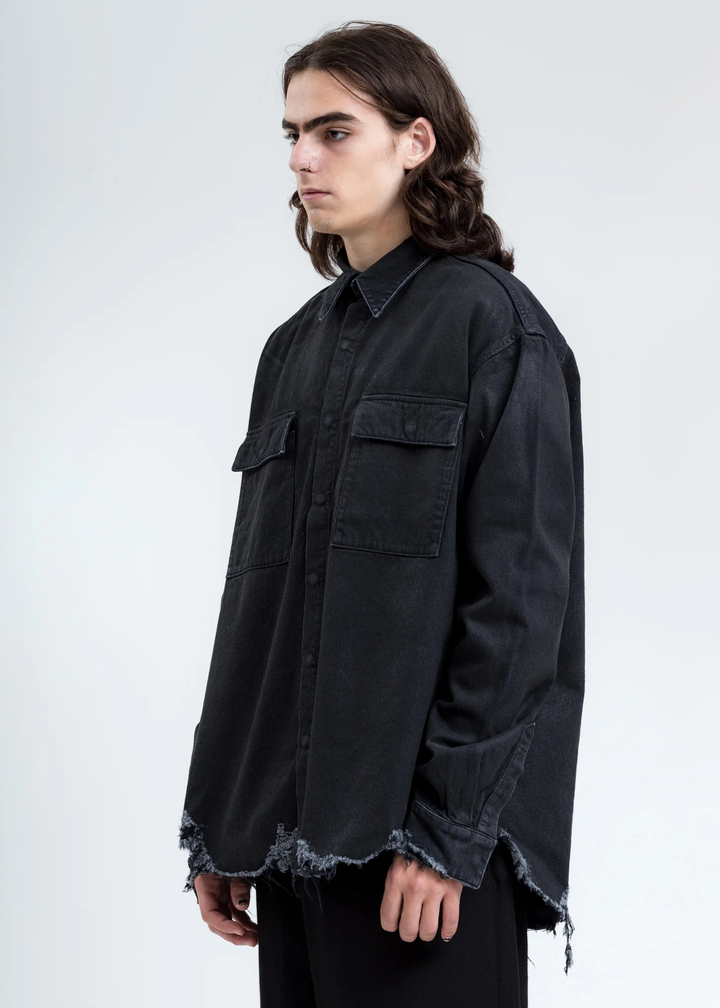 Black Distressed Denim Shirt - Image 3
