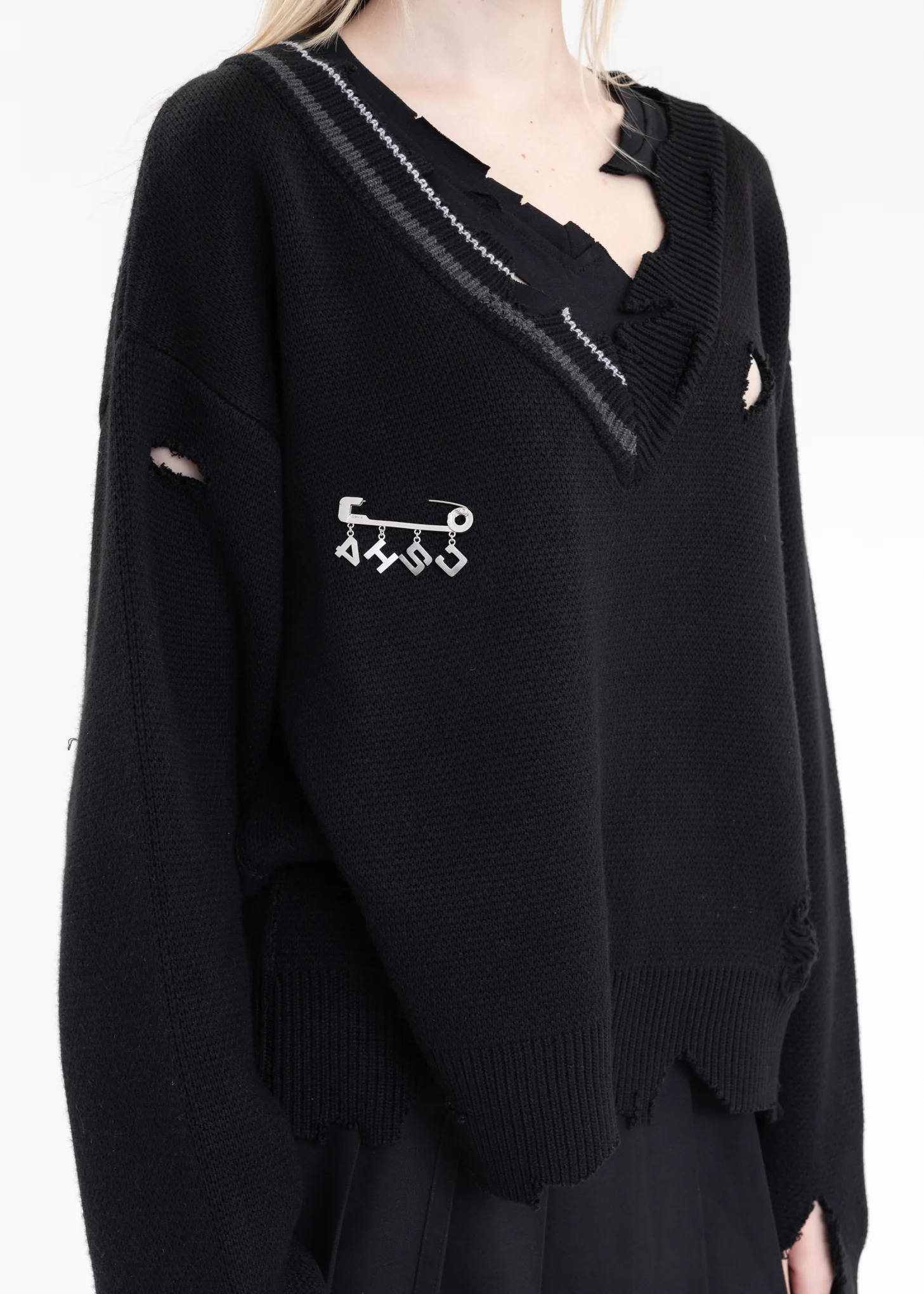 Black Distressed Knit Layered Sweater - Image 2