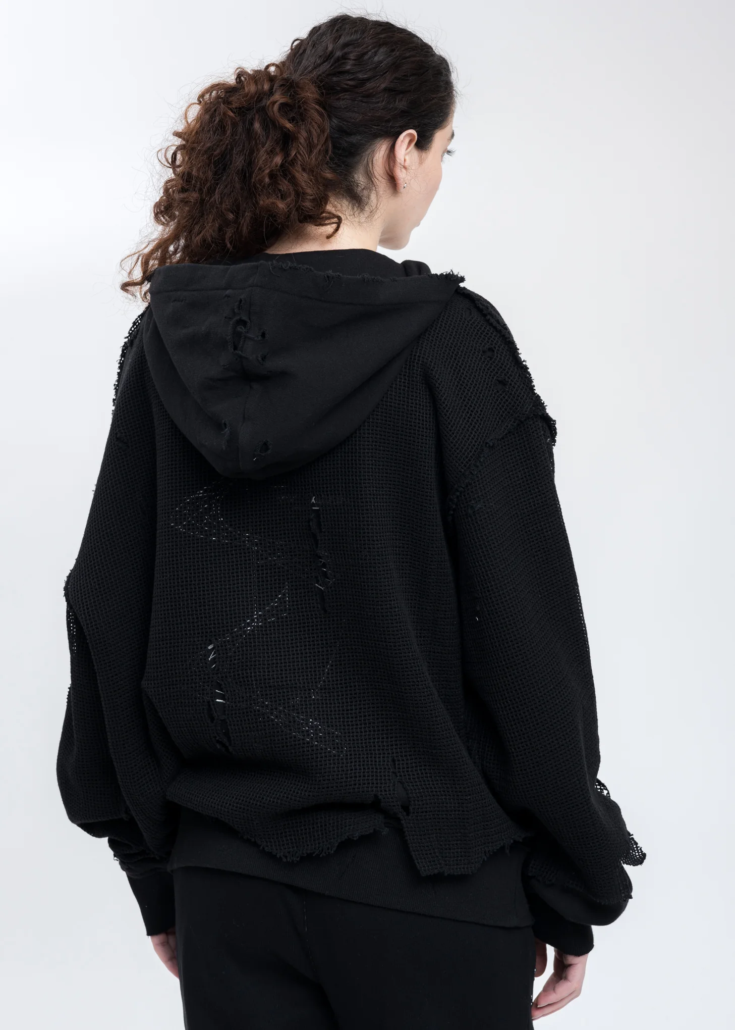 Black Distressed Knit Meshing Layered Hoodie Jacket - Image 2