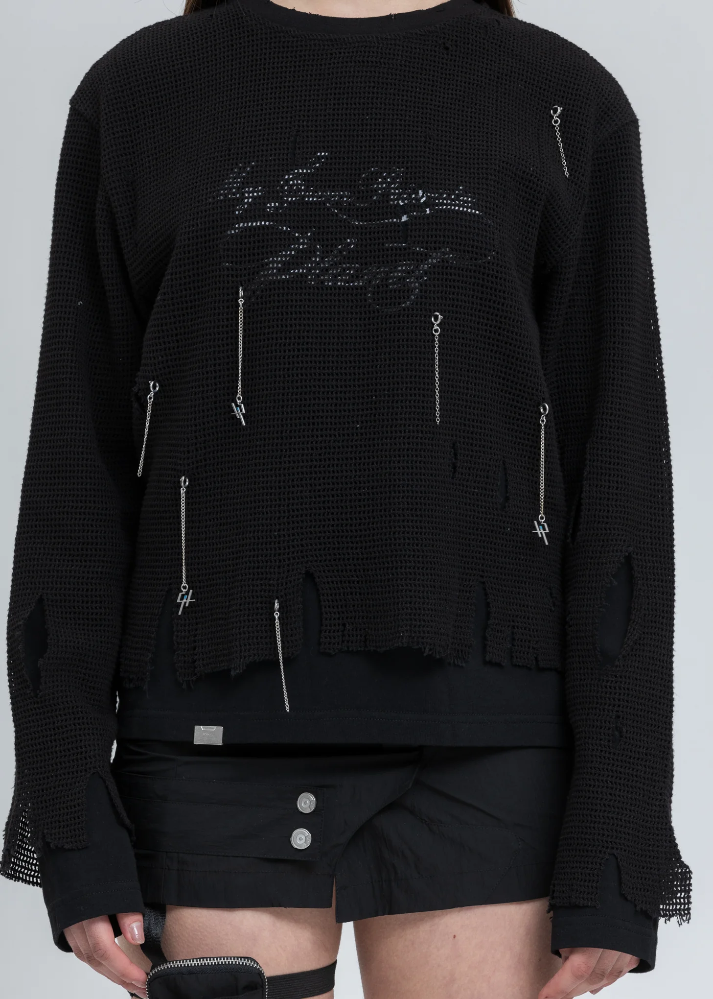Black Distressed Knit Meshing Layered Long Sleeve - Image 2
