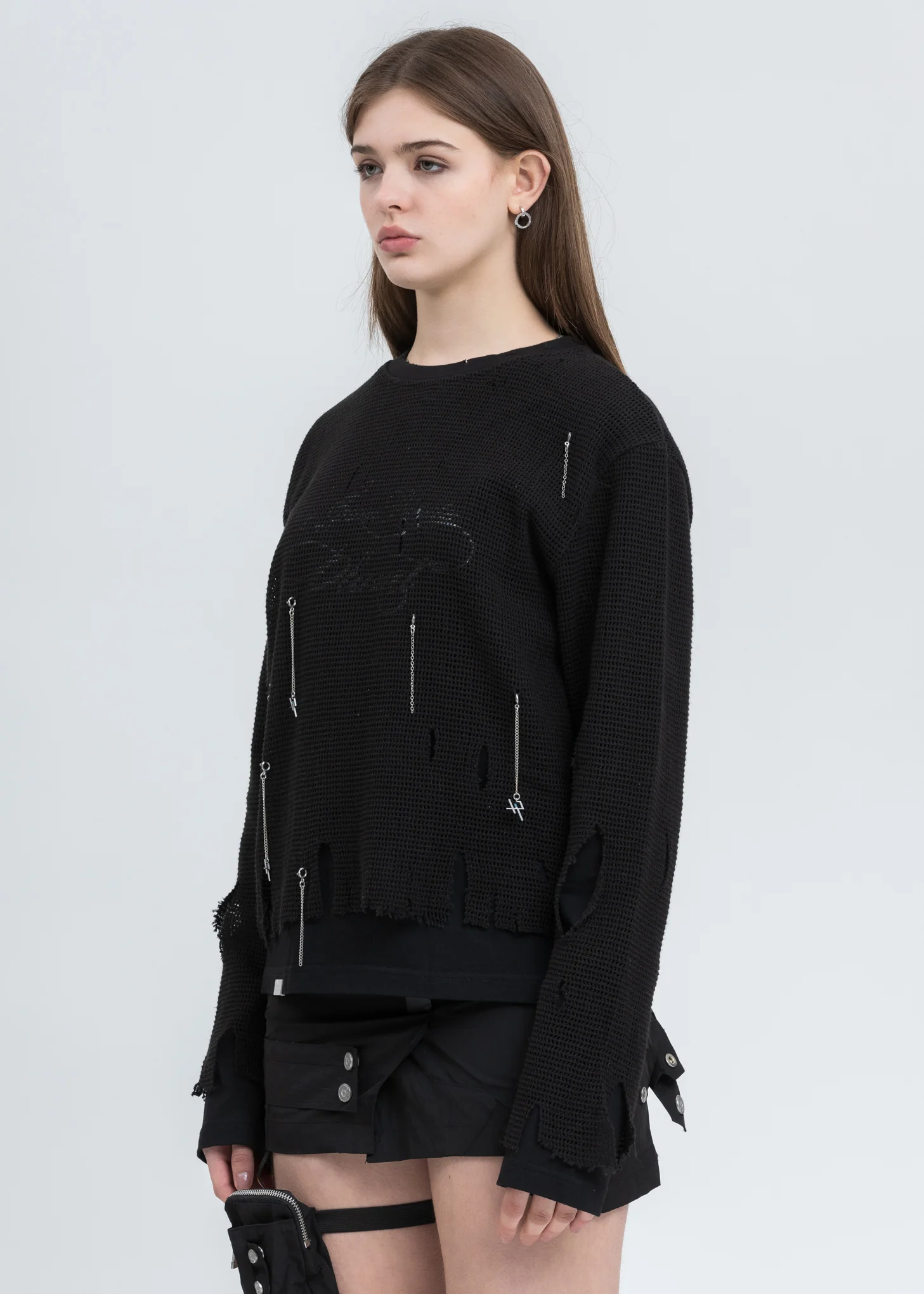Black Distressed Knit Meshing Layered Long Sleeve - Image 3