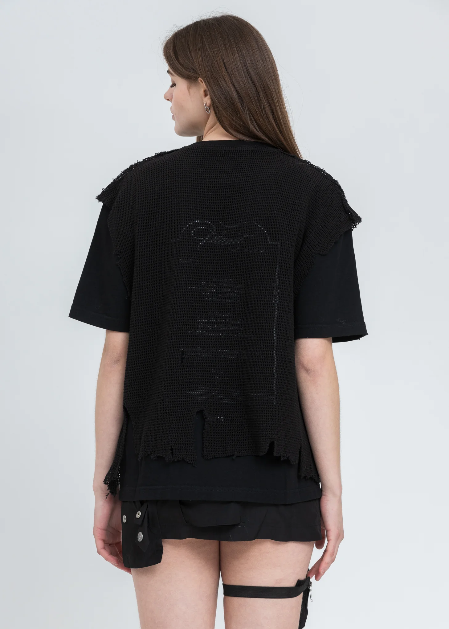 Black Distressed Knit Meshing Layered T-Shirt - Image 2