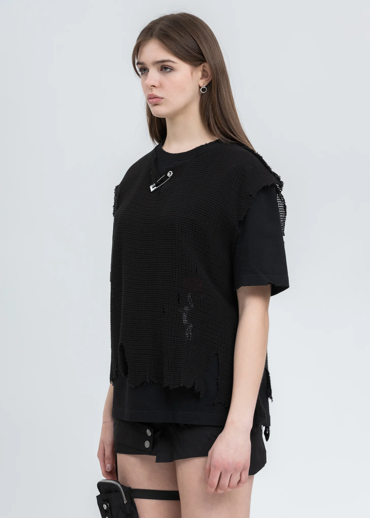 Black Distressed Knit Meshing Layered T-Shirt - Image 3