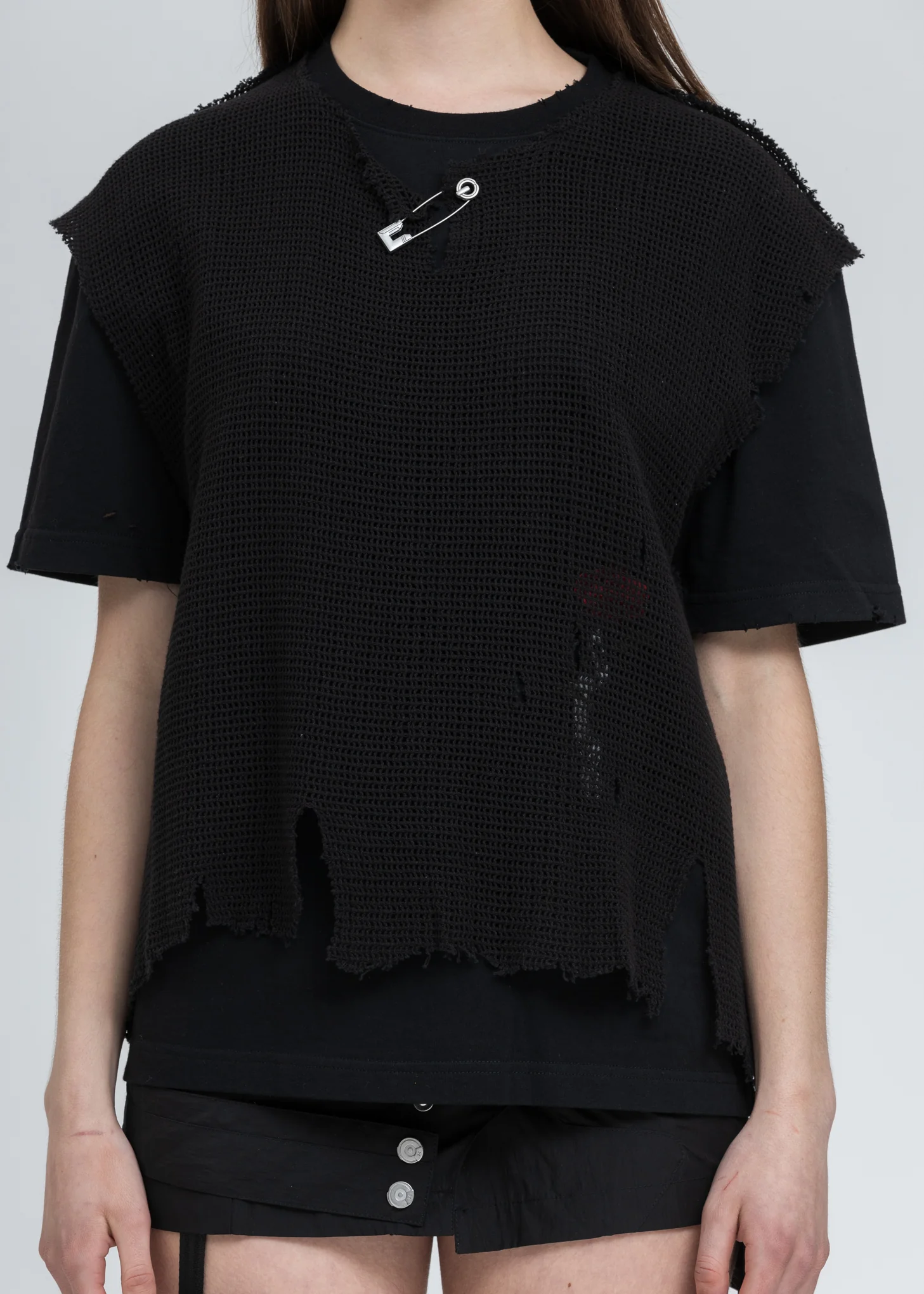 Black Distressed Knit Meshing Layered T-Shirt - Image 4