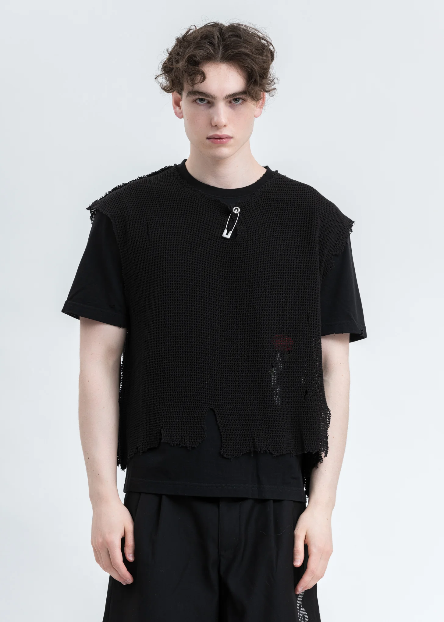 Black Distressed Knit Meshing Layered T-Shirt