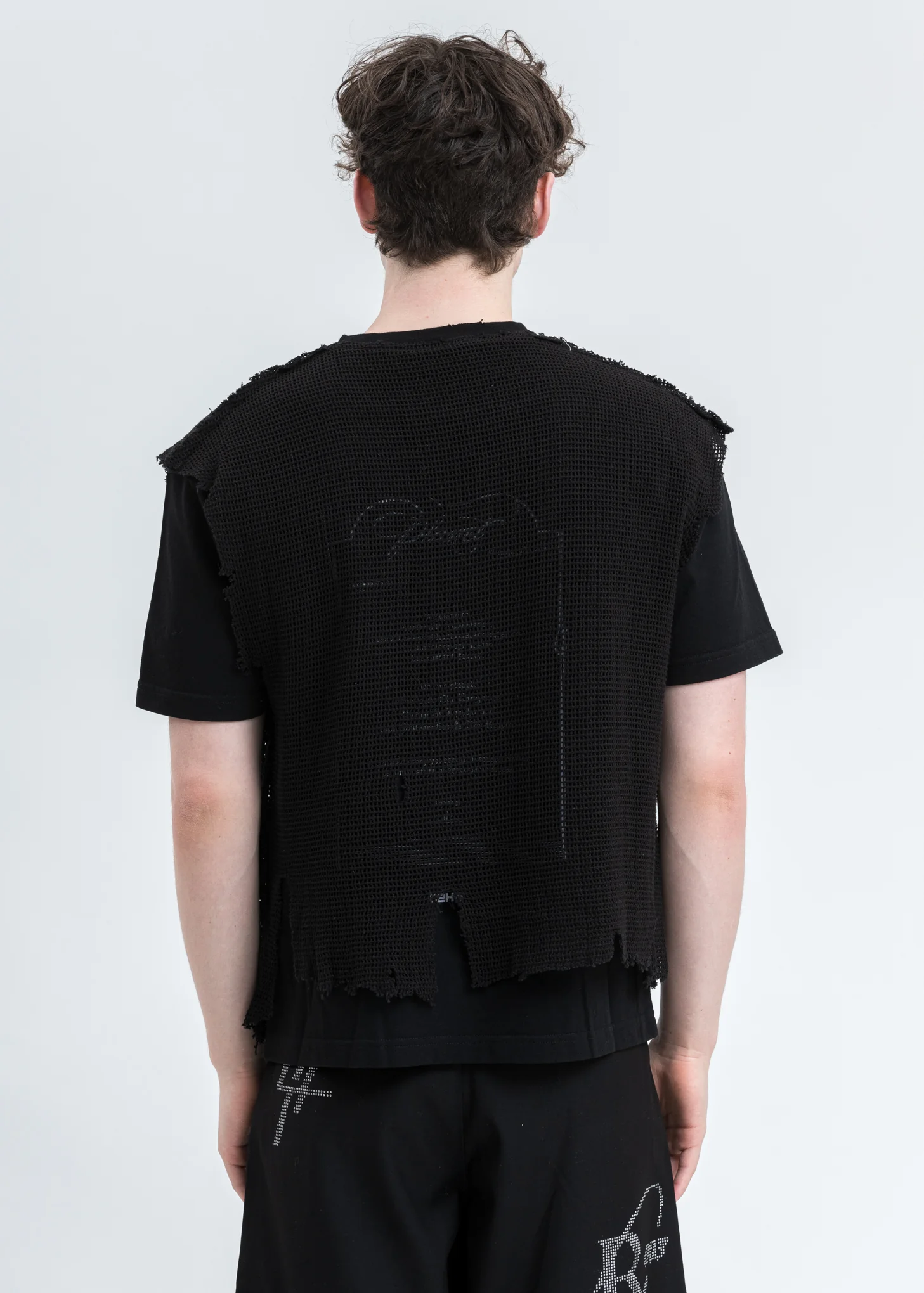 Black Distressed Knit Meshing Layered T-Shirt - Image 2