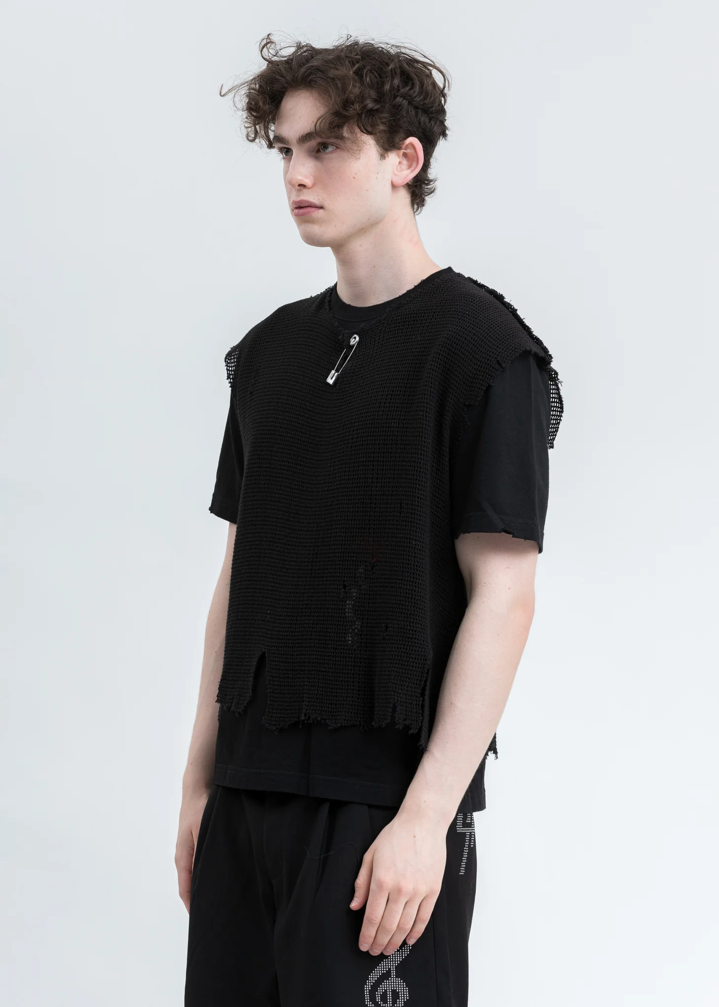 Black Distressed Knit Meshing Layered T-Shirt - Image 3