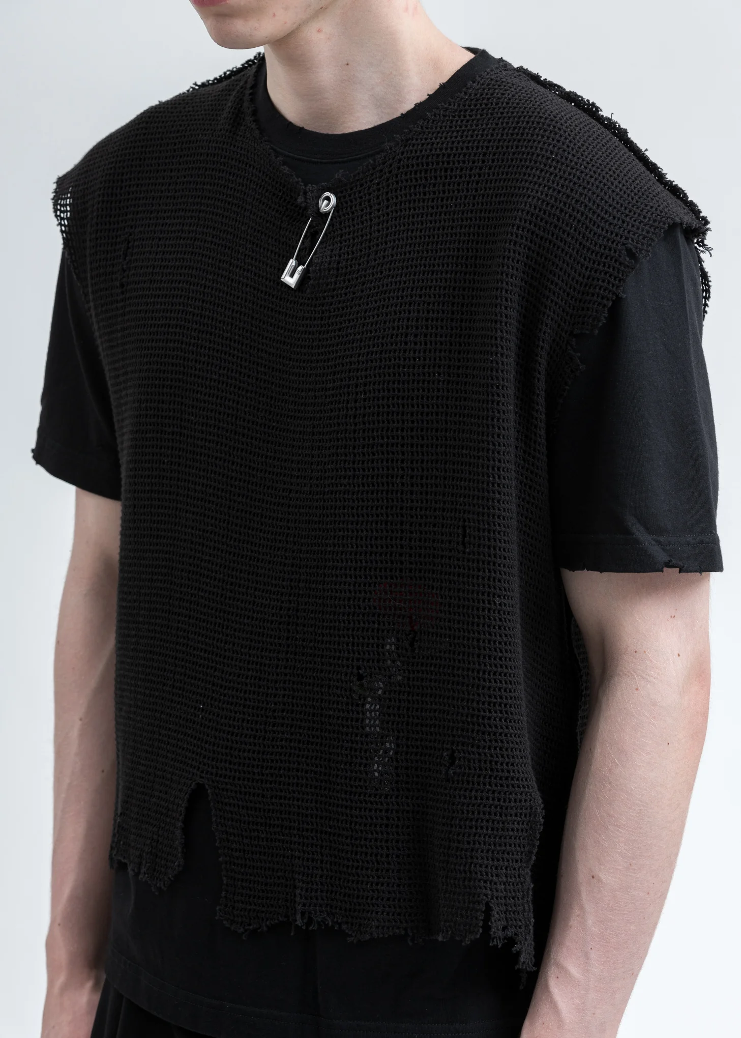 Black Distressed Knit Meshing Layered T-Shirt - Image 4