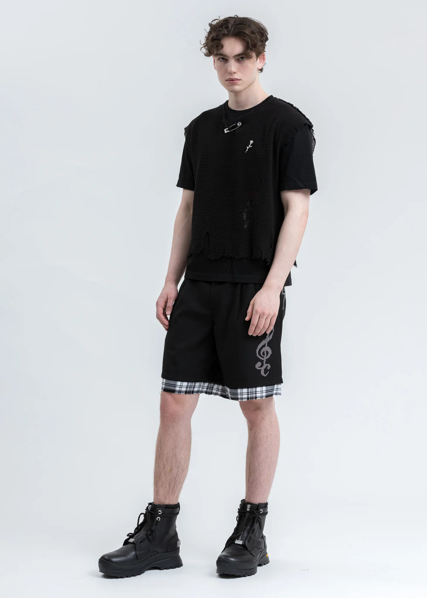 Black Distressed Knit Meshing Layered T-Shirt - Image 8