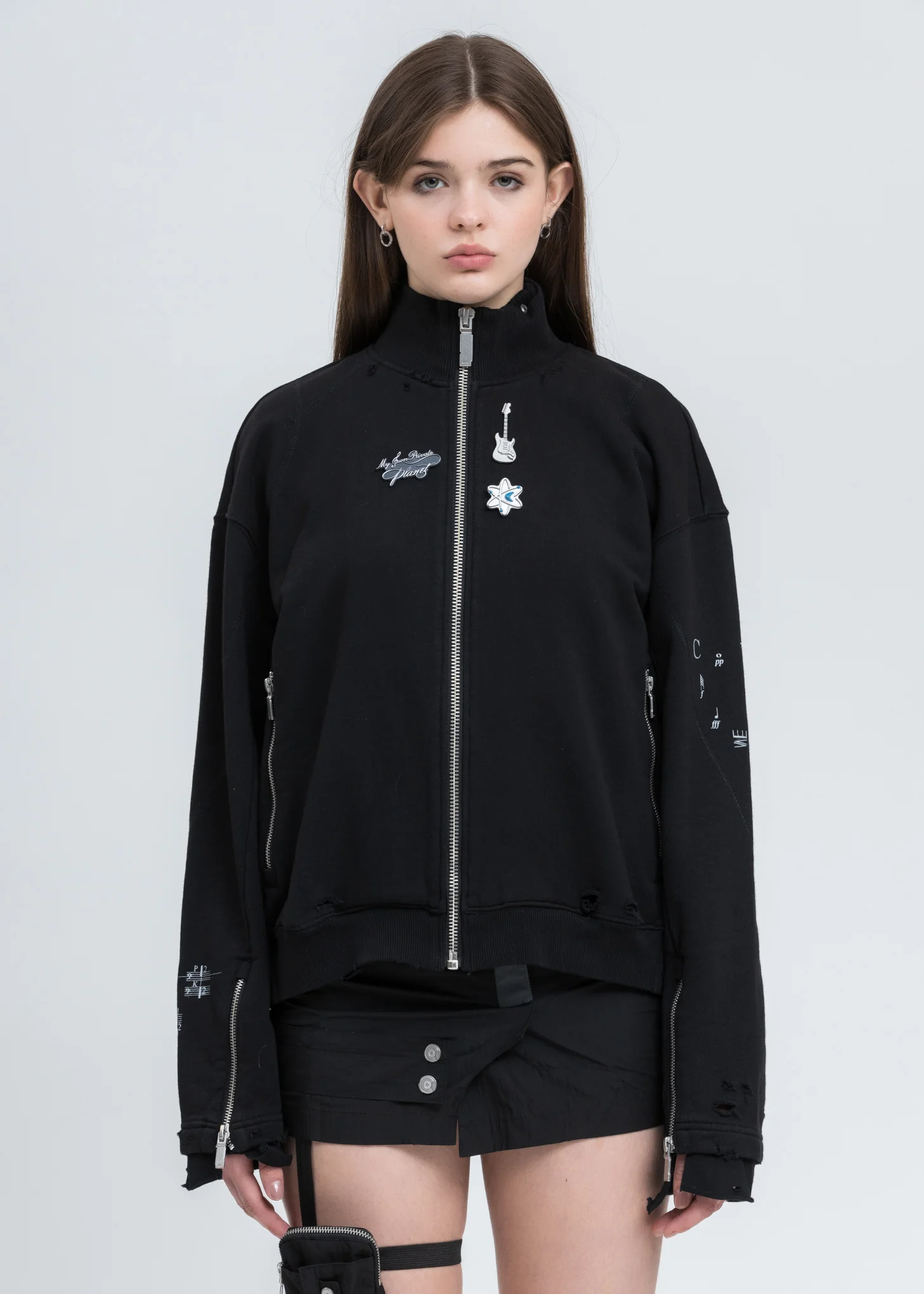 Black Distressed Zip Up Short Jacket