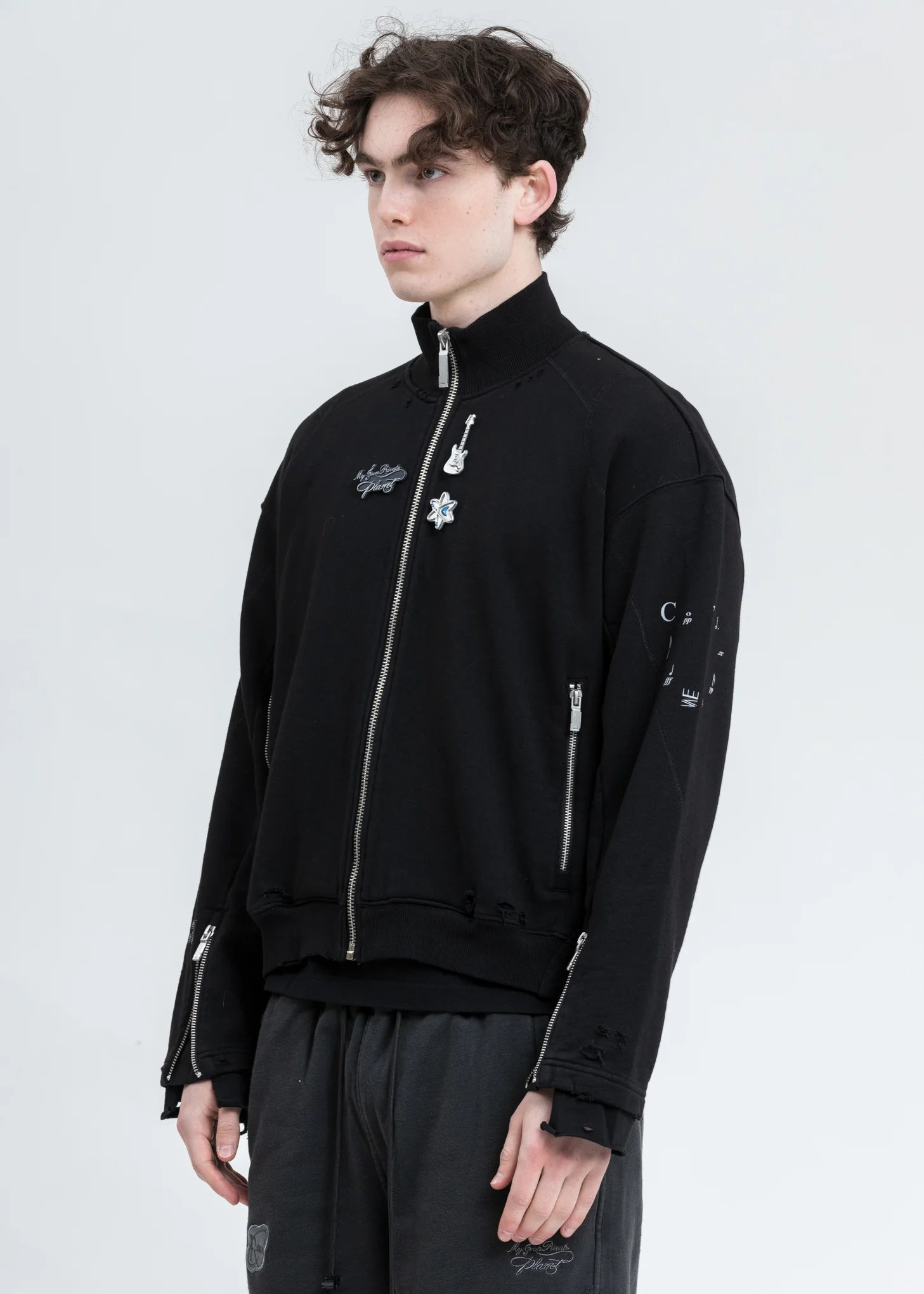 Black Distressed Zip Up Short Jacket - Image 3