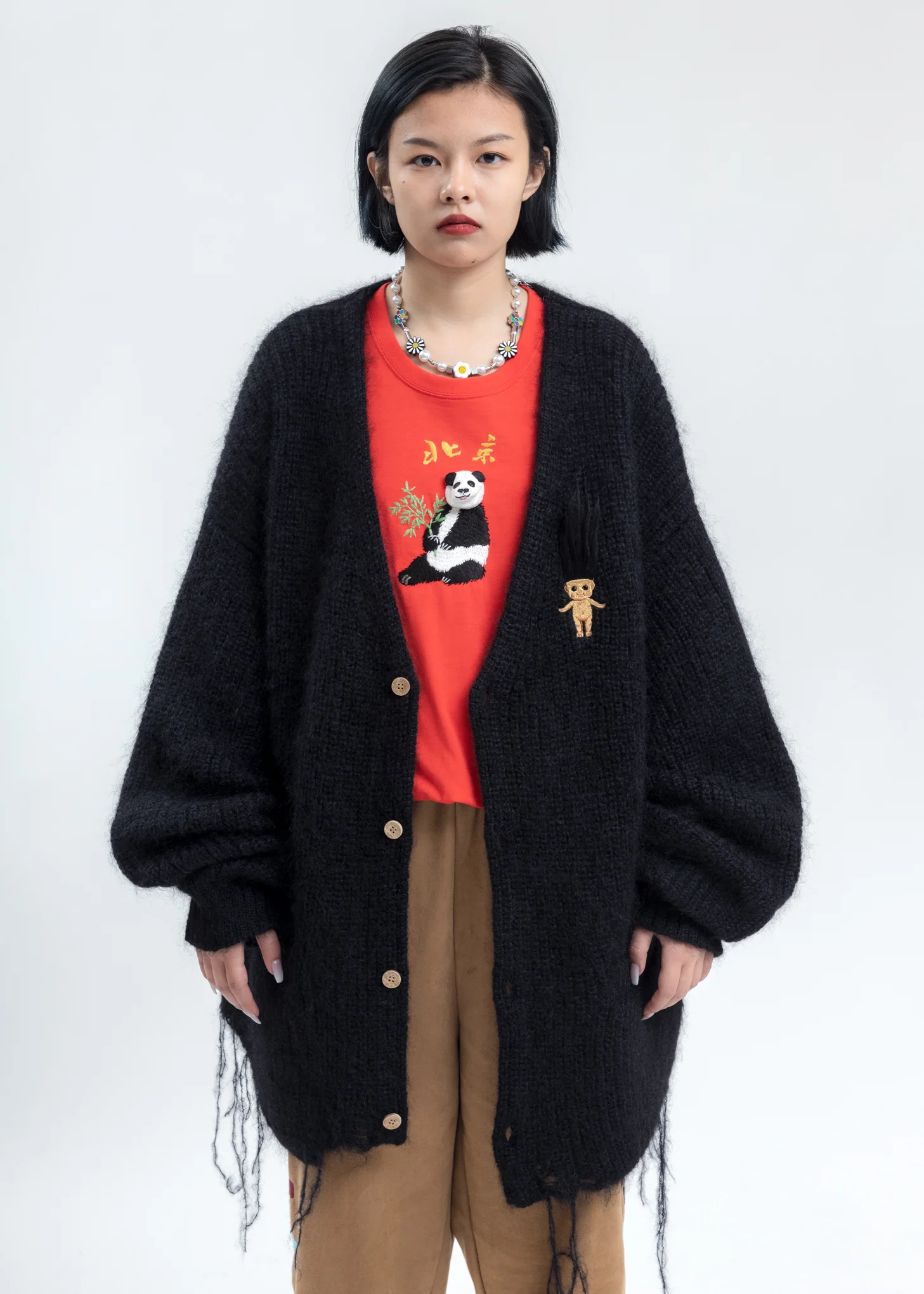 Black Doll Embroidery Mohair Cardigan