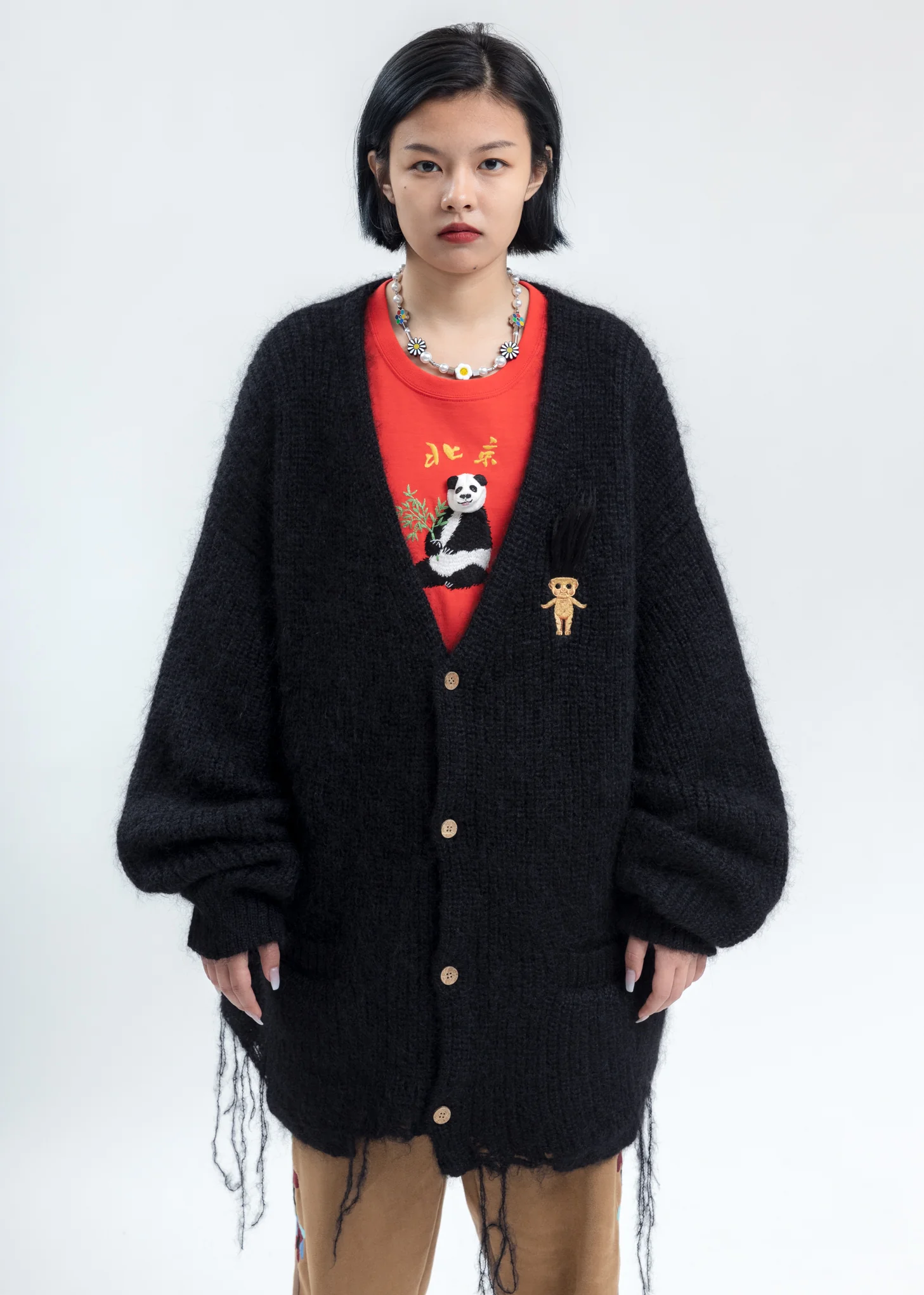 Black Doll Embroidery Mohair Cardigan - Image 3