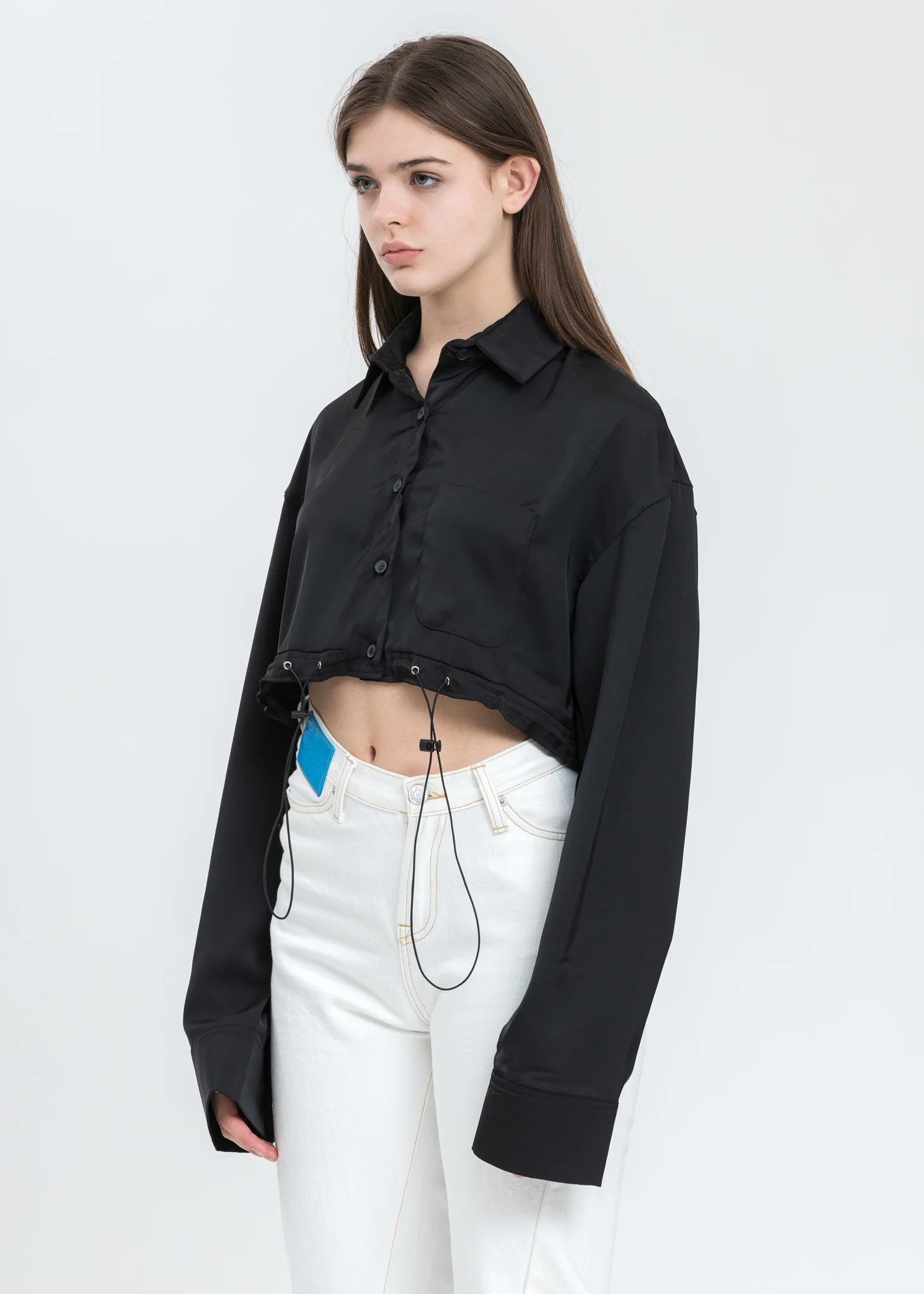 Black Drawstring Cropped Silk Blouse - Image 2