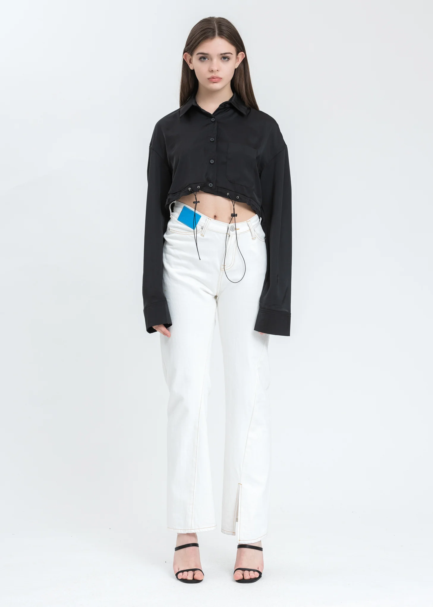 Black Drawstring Cropped Silk Blouse - Image 4