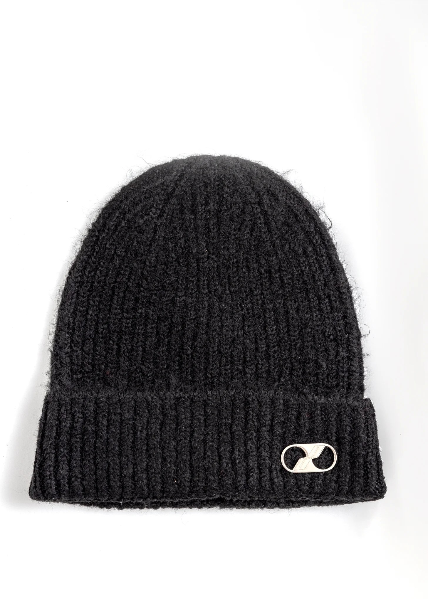 Black Embroidered Metal Logo Long Beanie