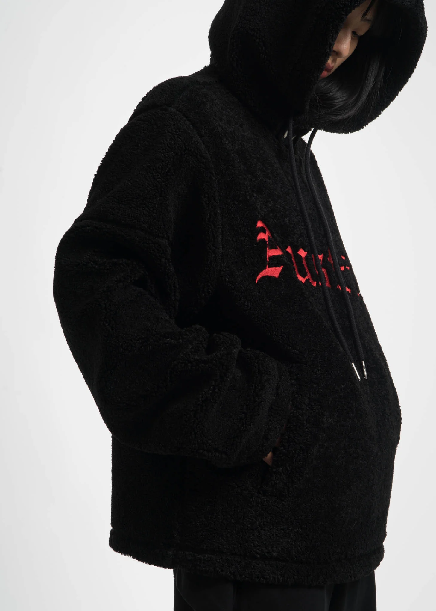 Black Embroidered Sherpa Hoodie